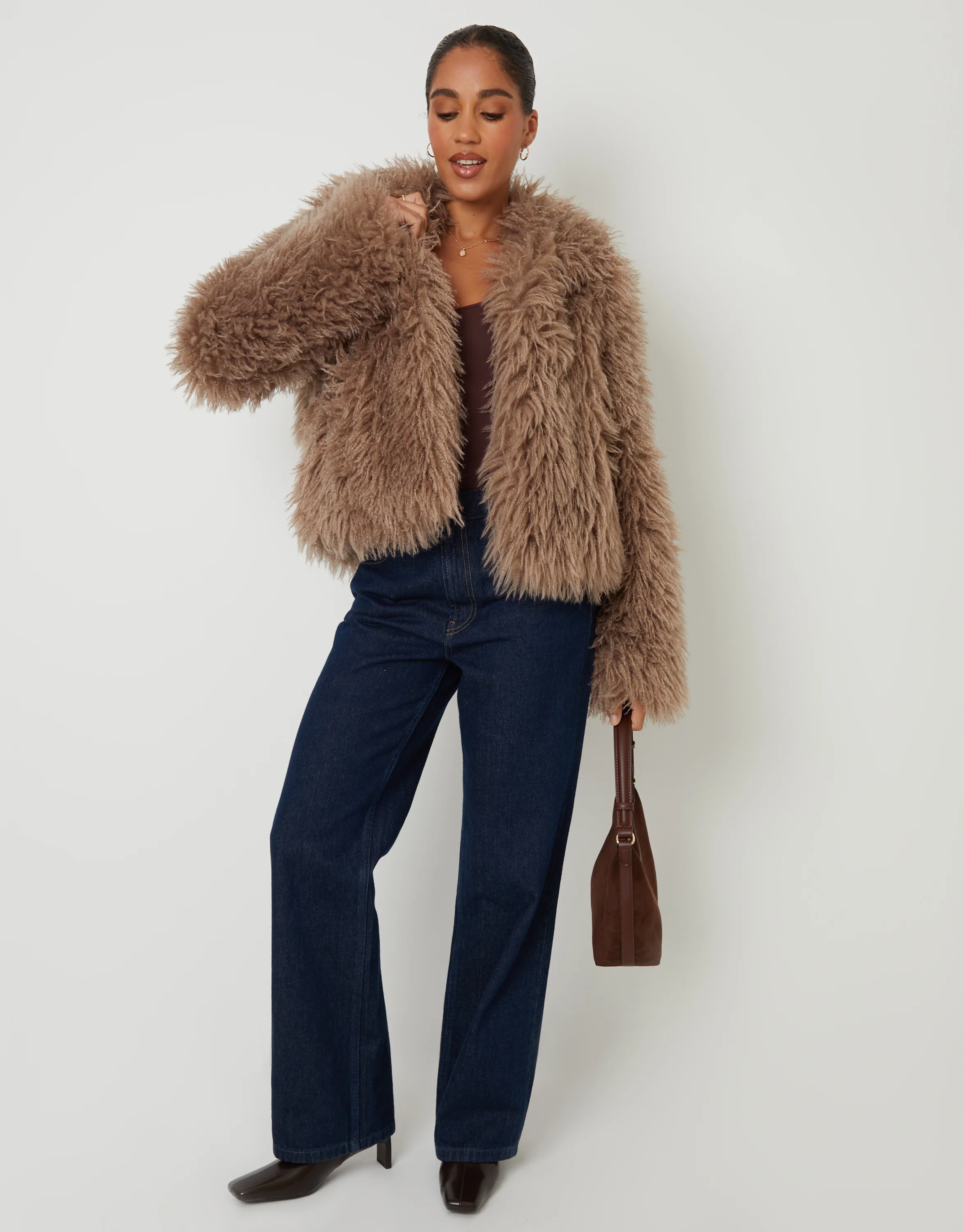 Collared Faux Fur Coat in Mushroom - Image 4