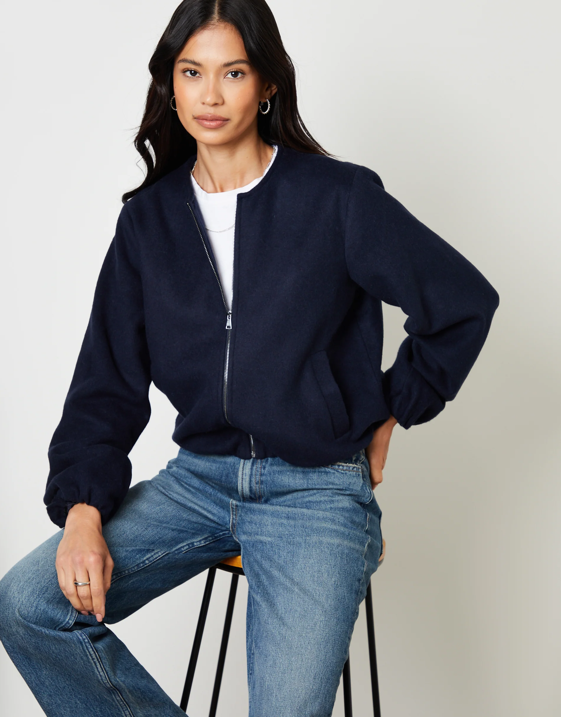 Brushed Bubble Hem Bomber Jacket in Navy