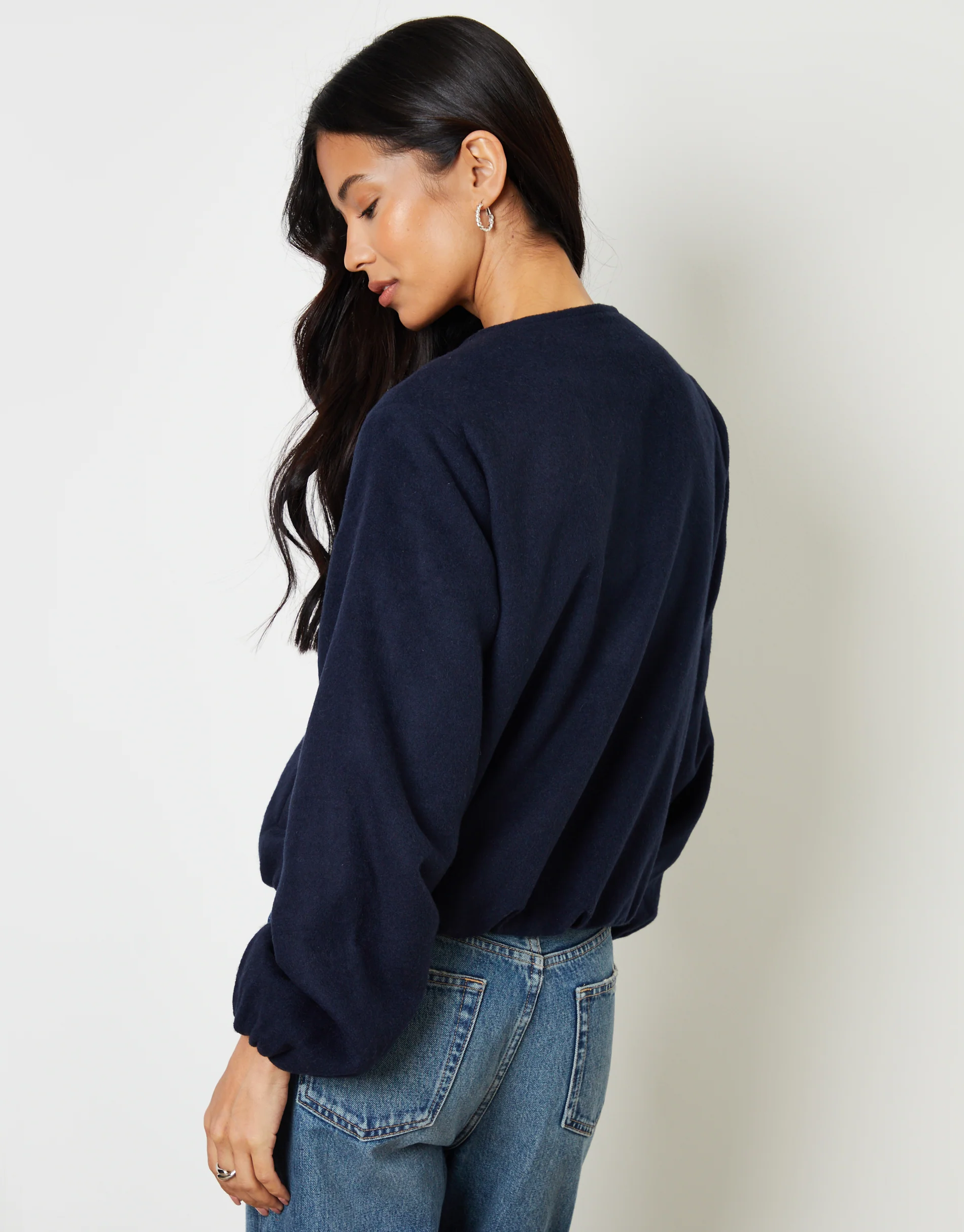 Brushed Bubble Hem Bomber Jacket in Navy - Image 2