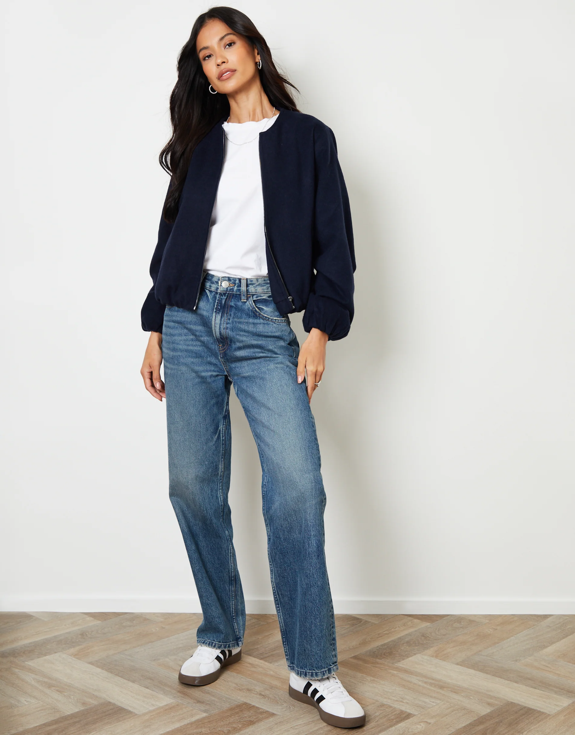 Brushed Bubble Hem Bomber Jacket in Navy - Image 3