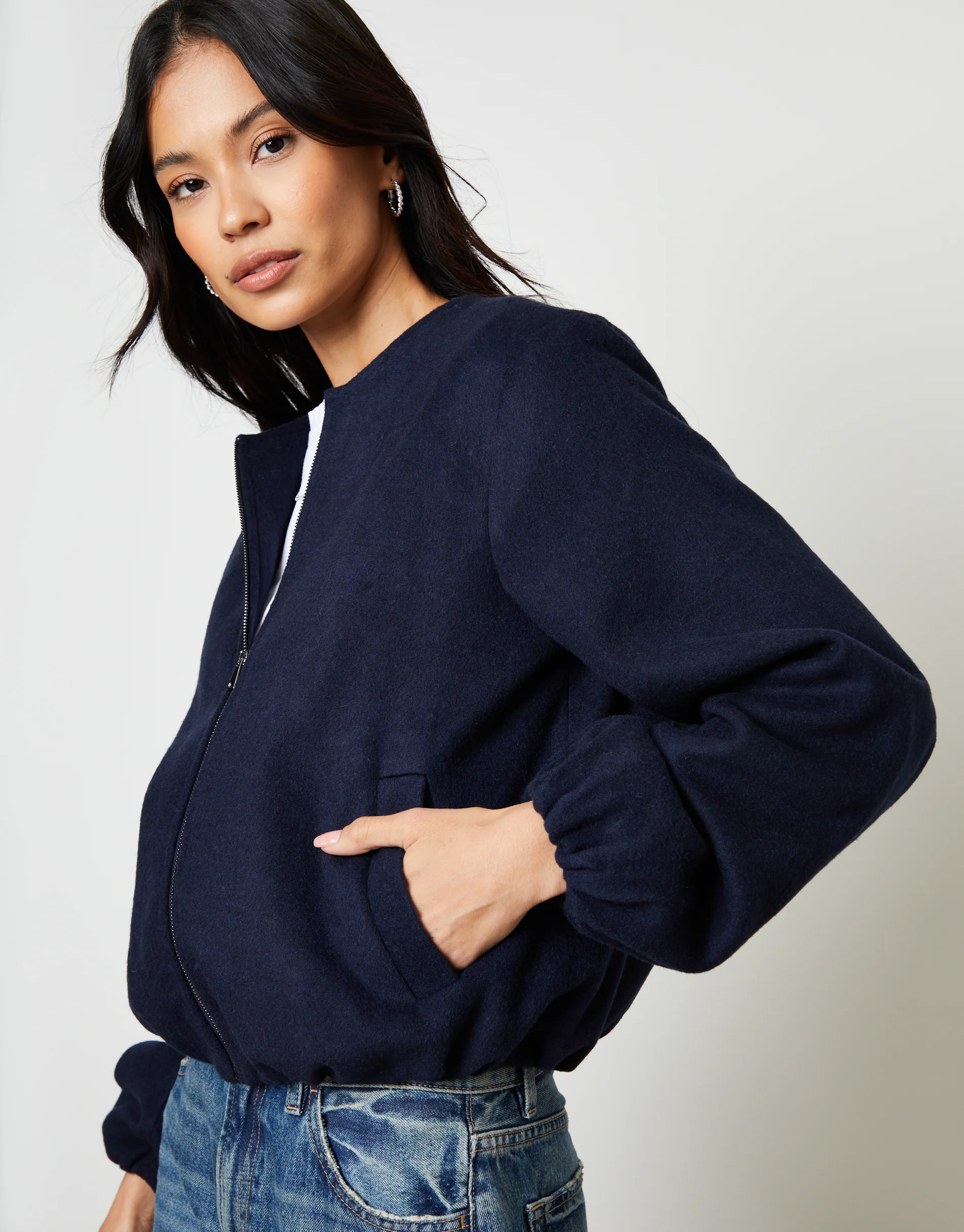 Brushed Bubble Hem Bomber Jacket in Navy - Image 4