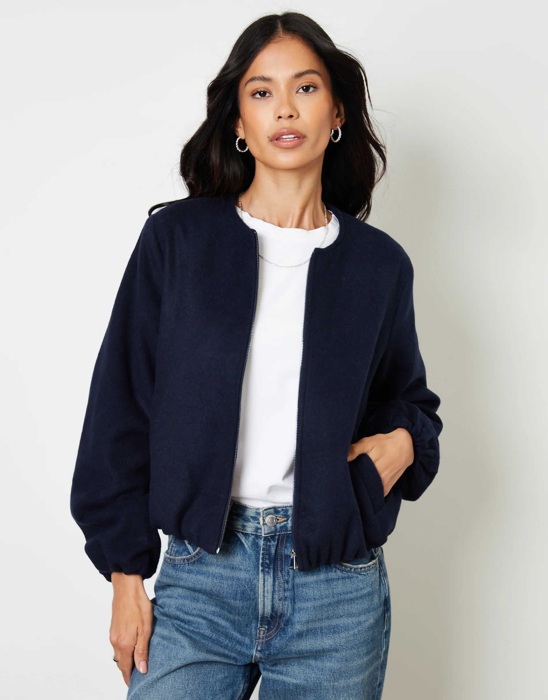 Brushed Bubble Hem Bomber Jacket in Navy - Image 5