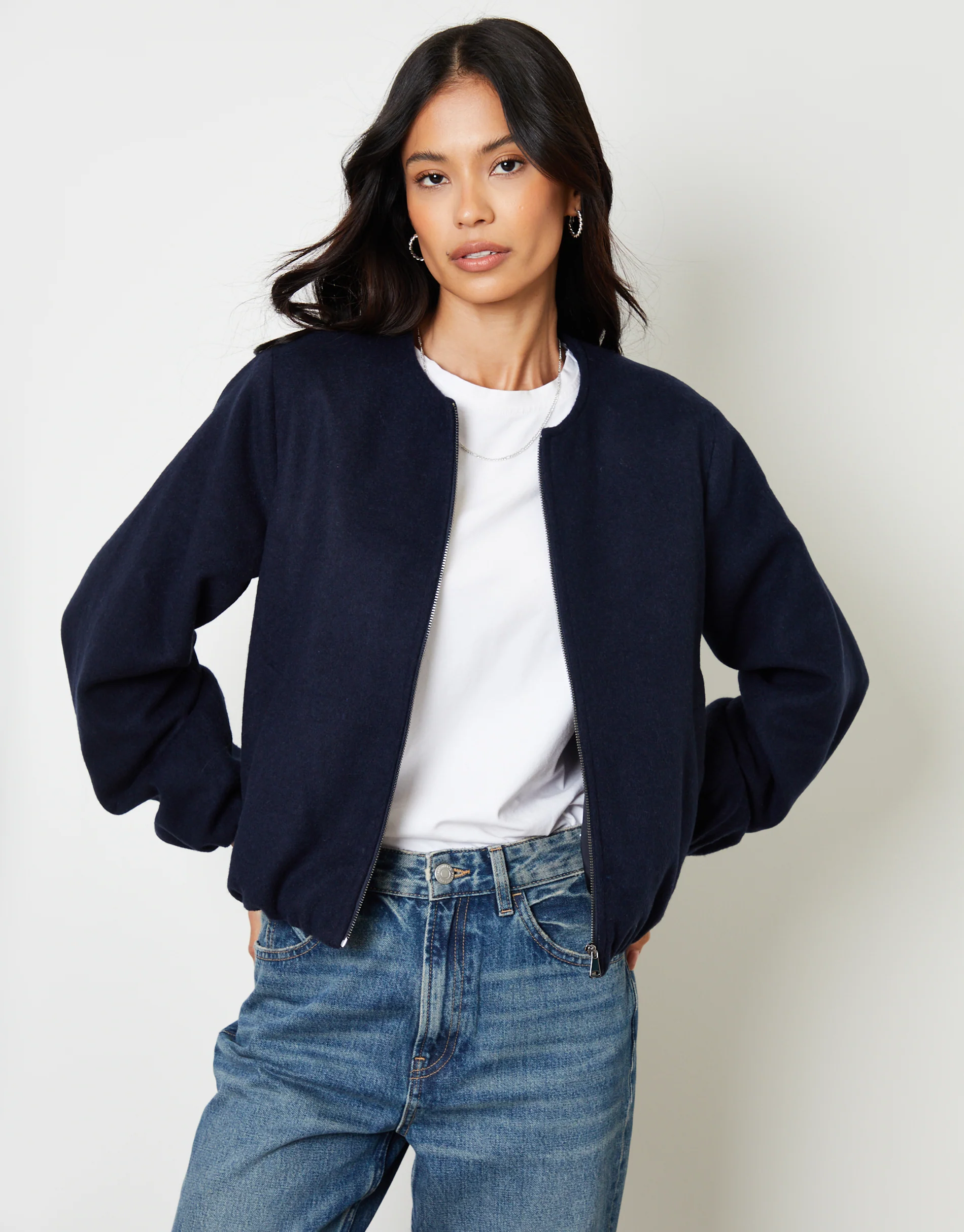 Brushed Bubble Hem Bomber Jacket in Navy - Image 6