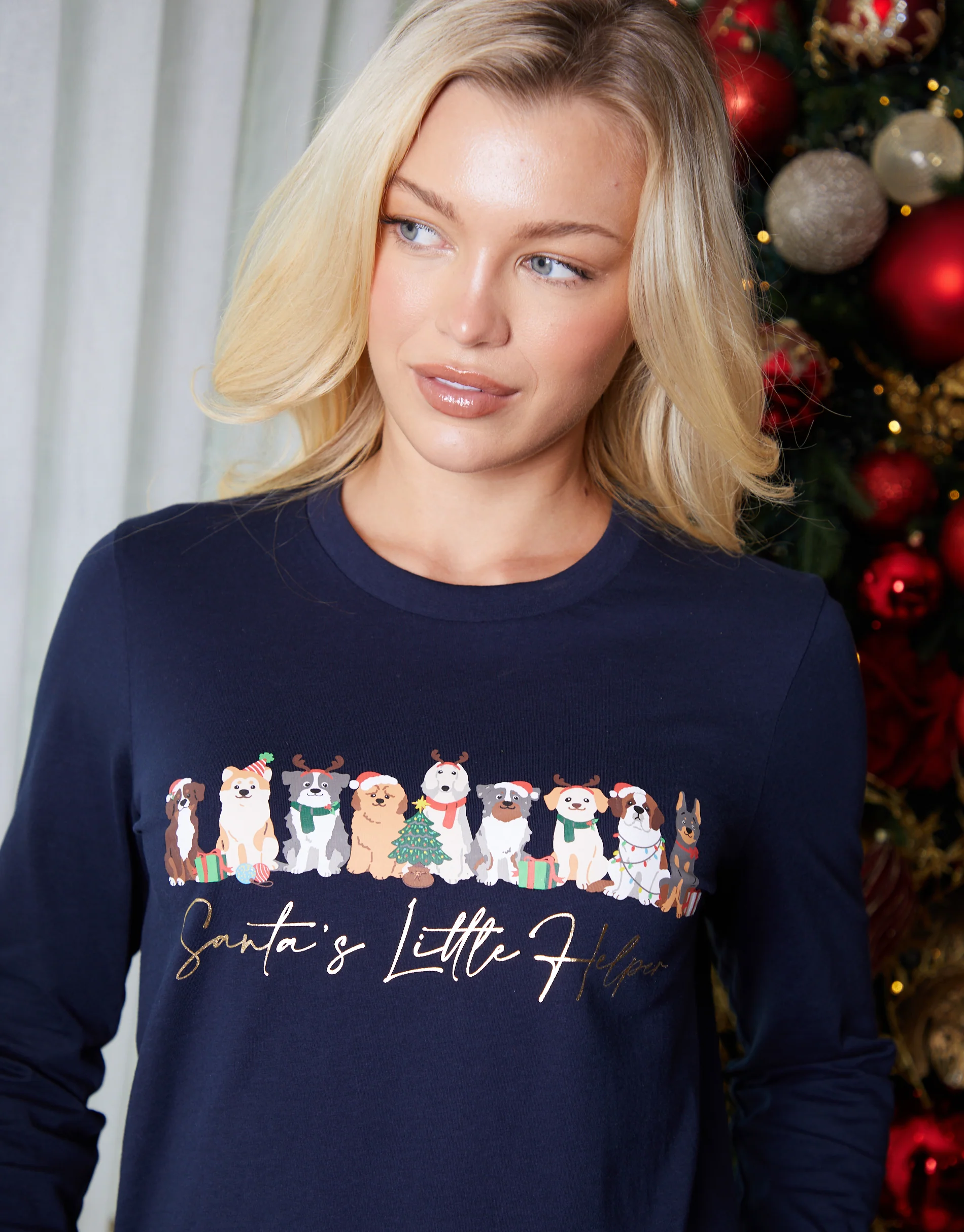 Christmas Dog Graphic Print Long Pyjama Set in Navy - Image 3
