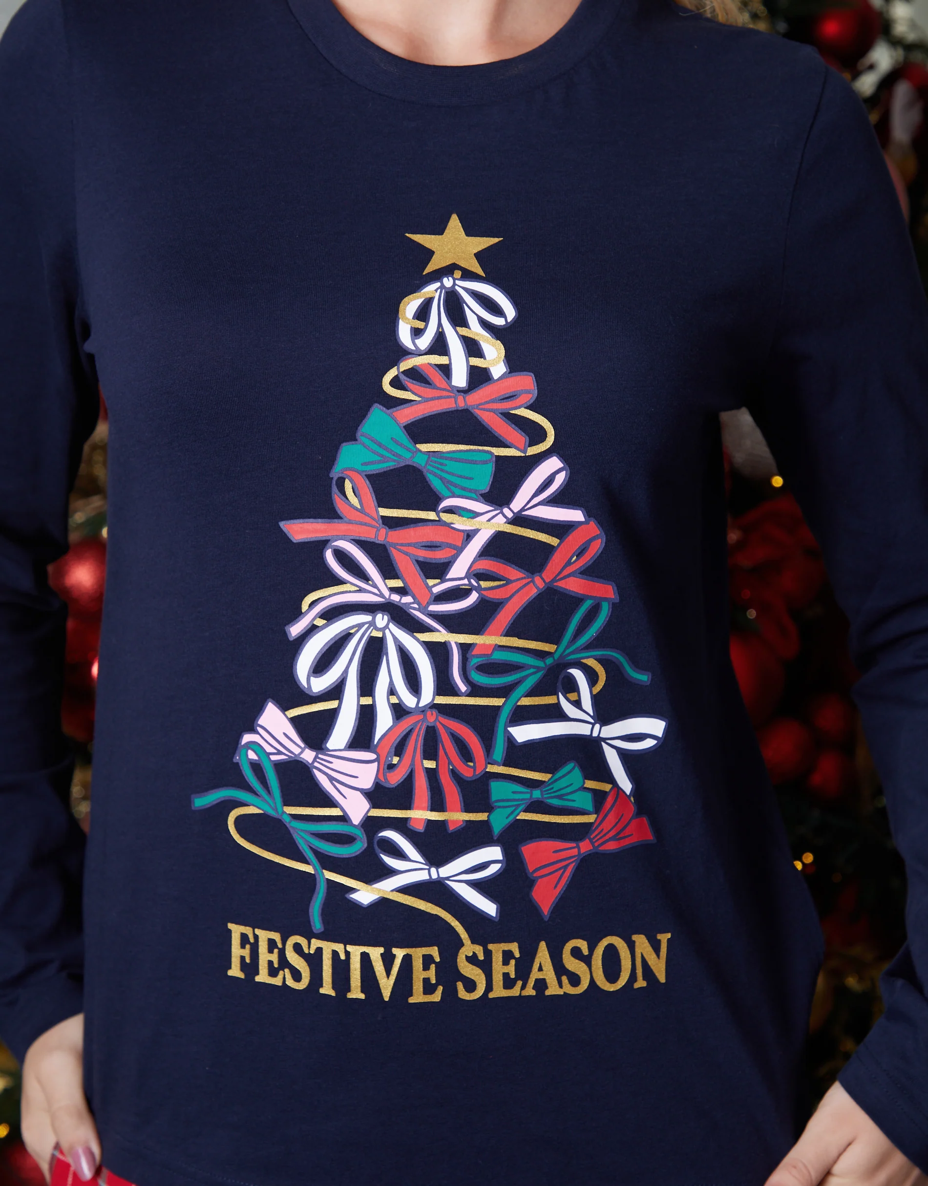 Christmas Tree Graphic Long Pyjama Set in Navy - Image 4