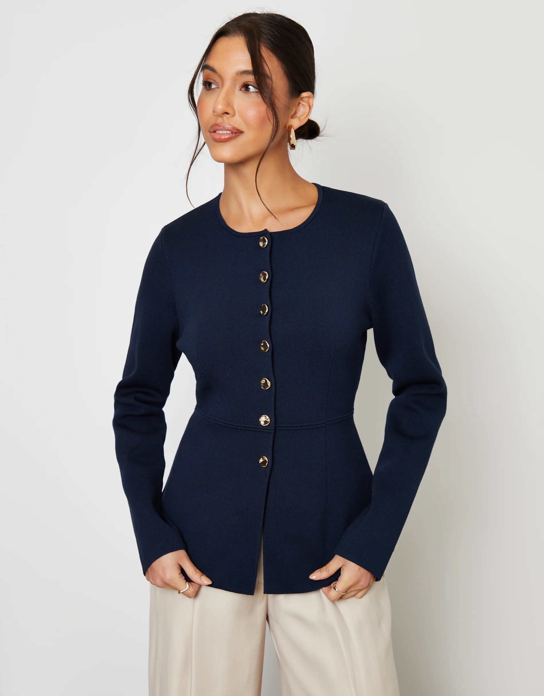 Cinched Knitted Button Up Cardigan in Navy