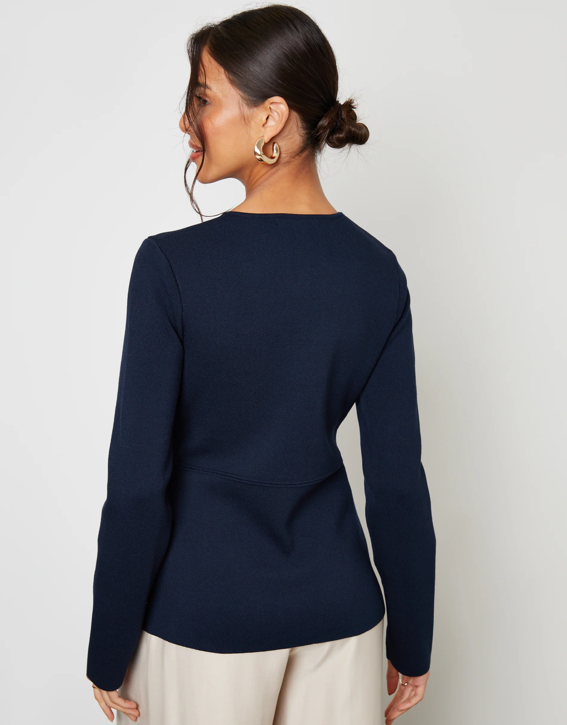 Cinched Knitted Button Up Cardigan in Navy - Image 2