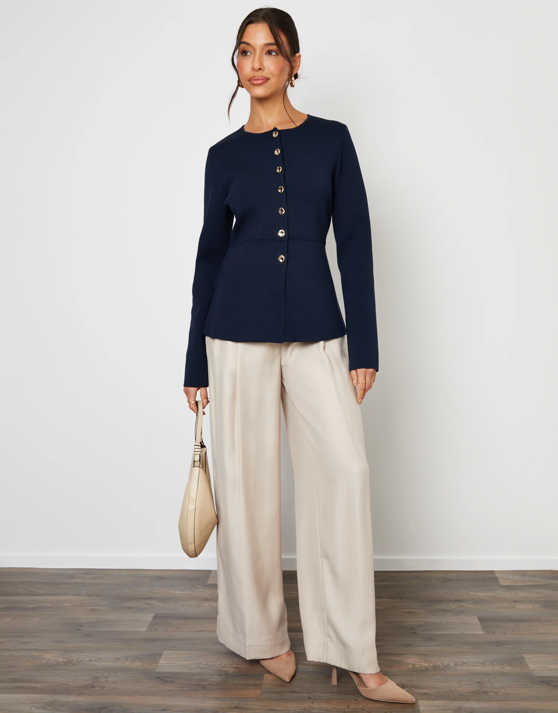 Cinched Knitted Button Up Cardigan in Navy - Image 3