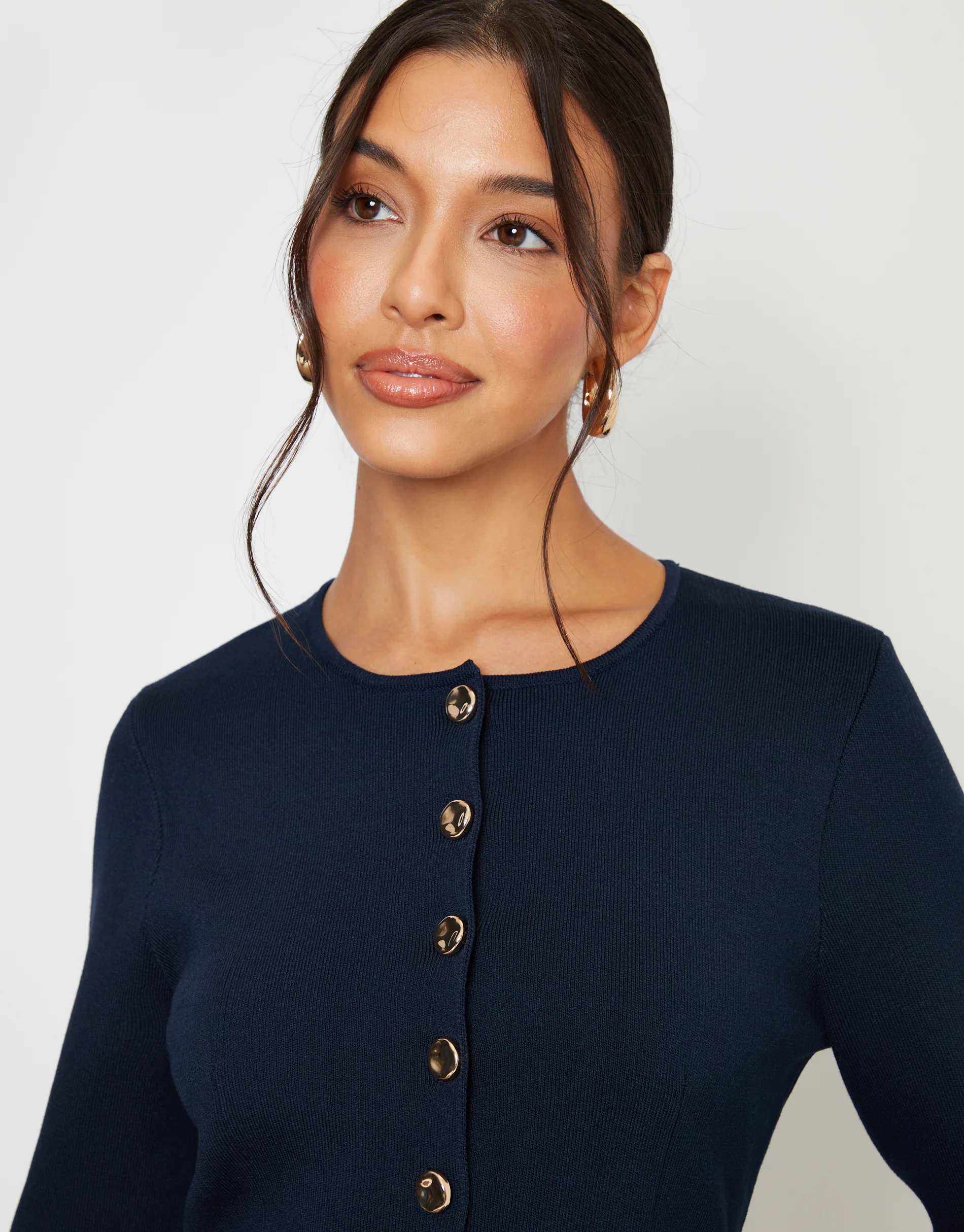 Cinched Knitted Button Up Cardigan in Navy - Image 4