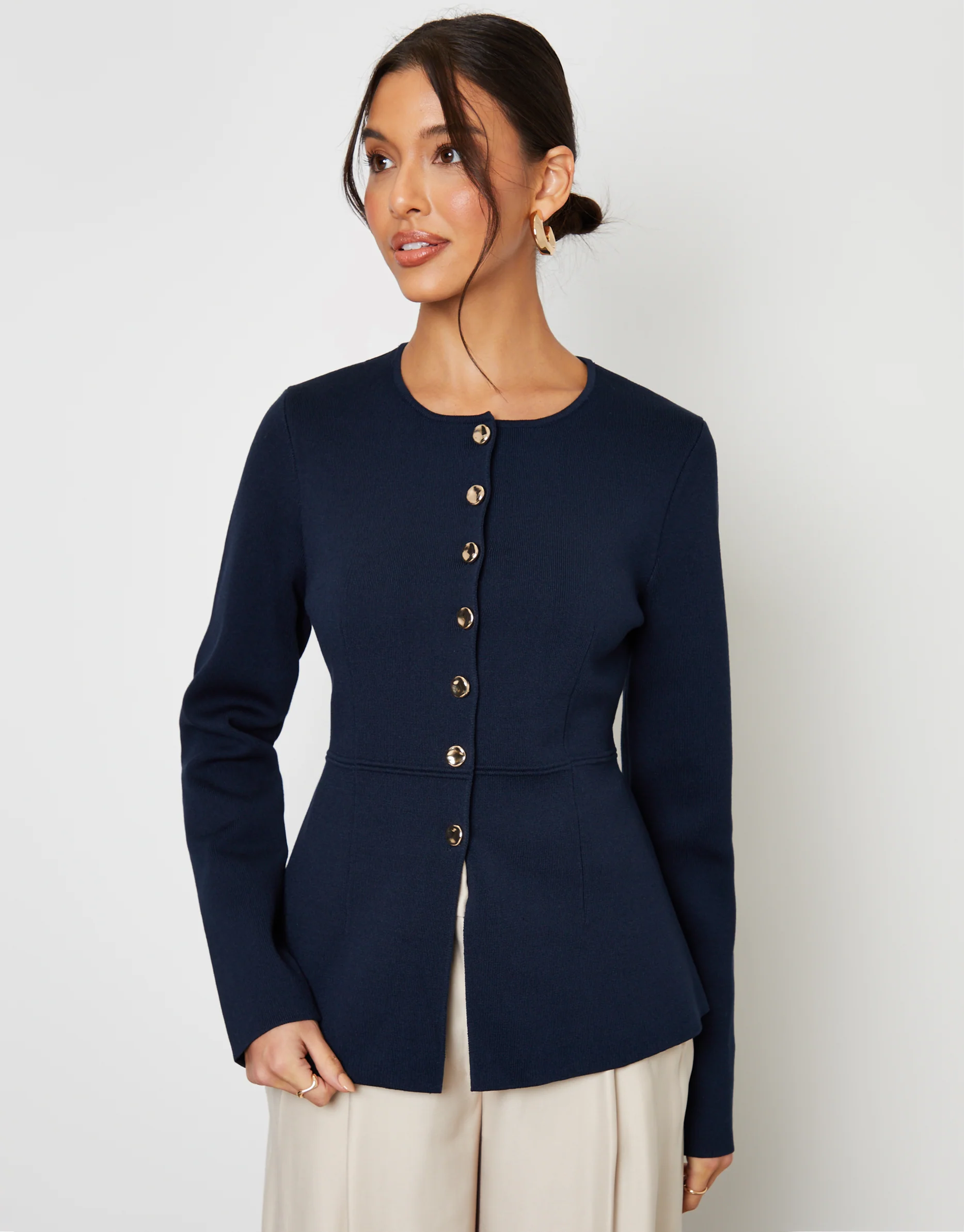 Cinched Knitted Button Up Cardigan in Navy - Image 5
