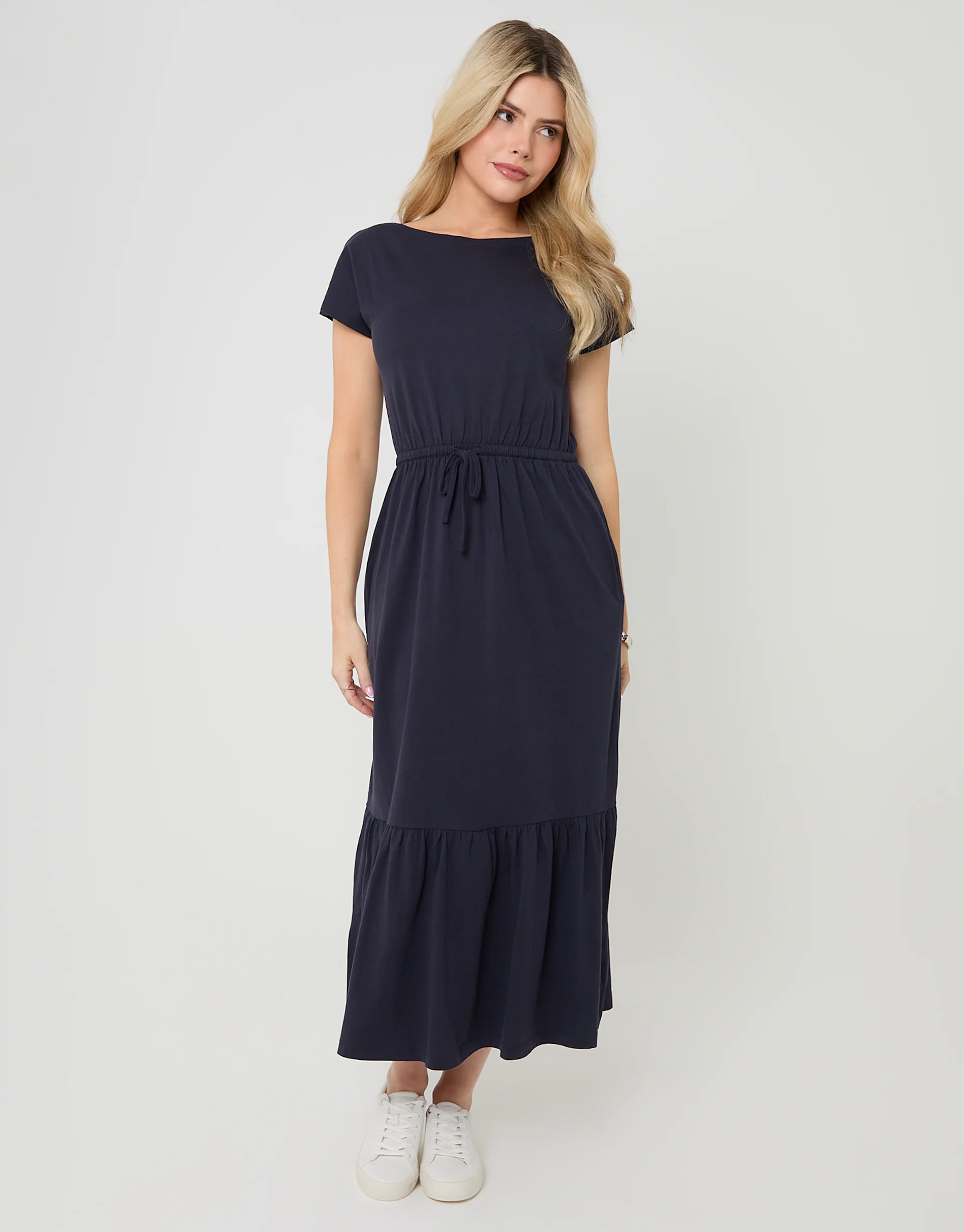 Drawstring Waist Boat Neck Cotton Jersey Maxi Dress in Navy