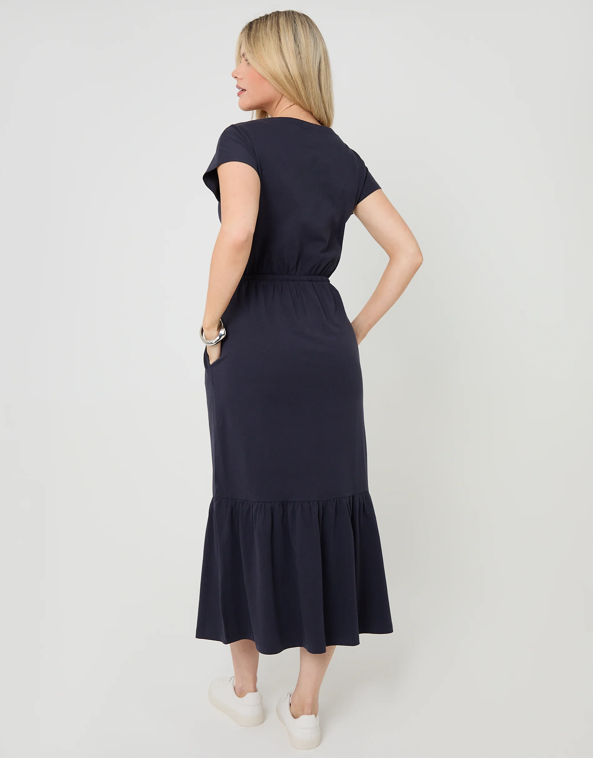 Drawstring Waist Boat Neck Cotton Jersey Maxi Dress in Navy - Image 2