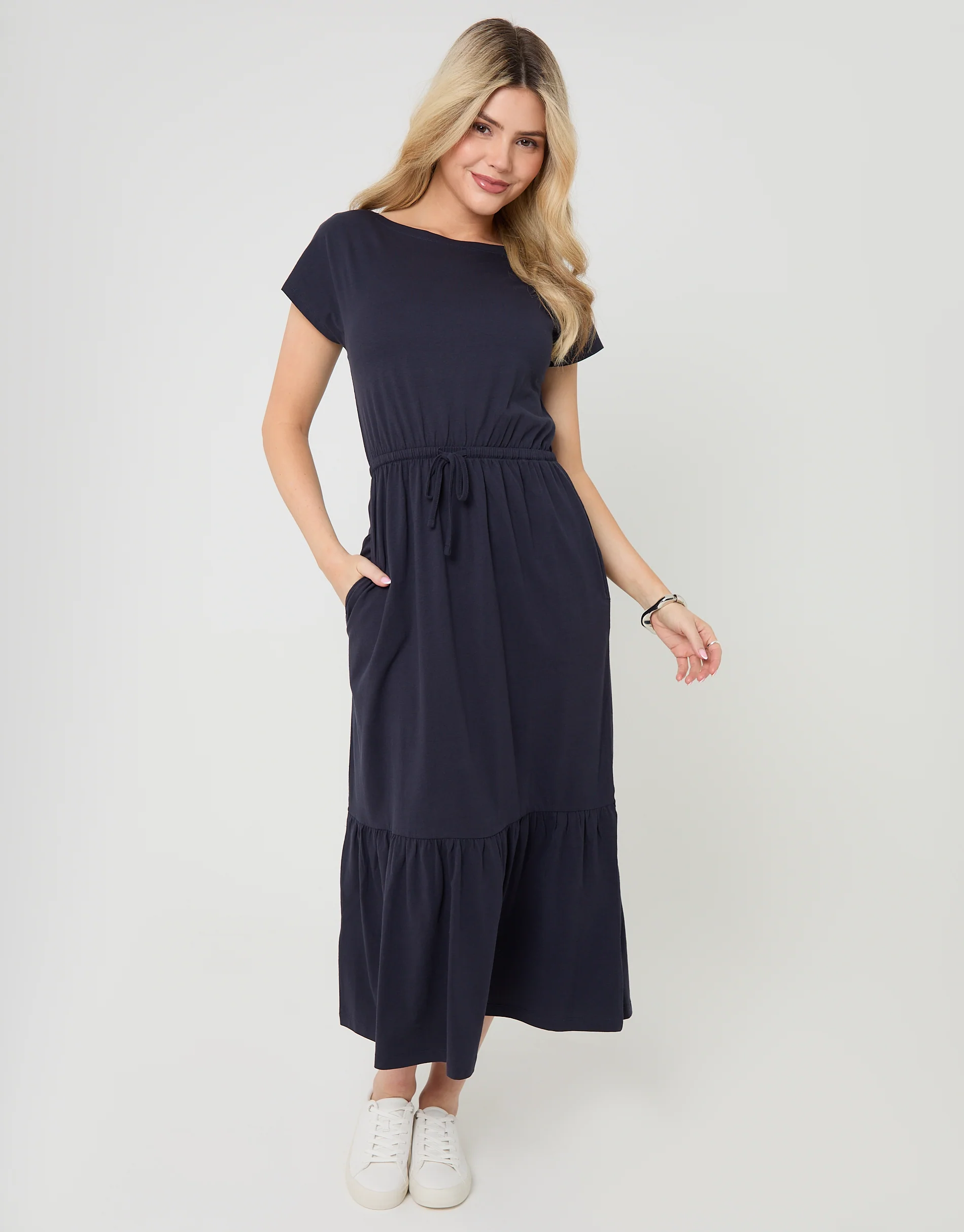 Drawstring Waist Boat Neck Cotton Jersey Maxi Dress in Navy - Image 4