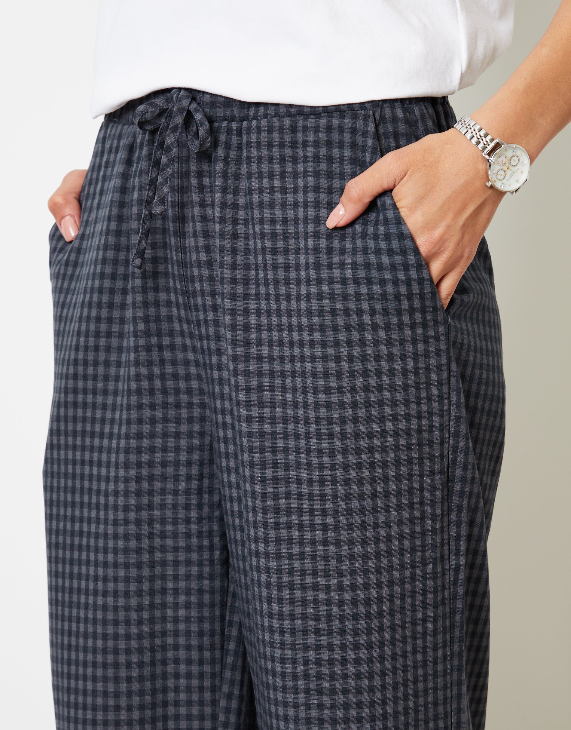 Wide Leg Trousers in Navy Gingham - Image 3