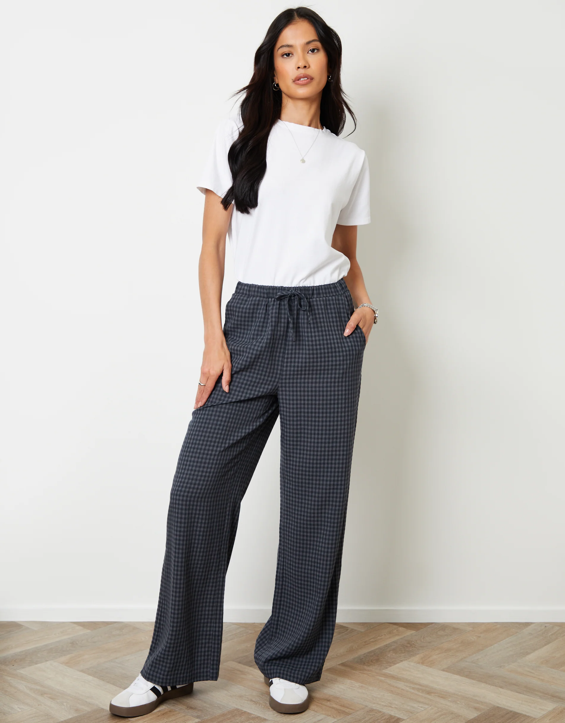 Wide Leg Trousers in Navy Gingham - Image 5