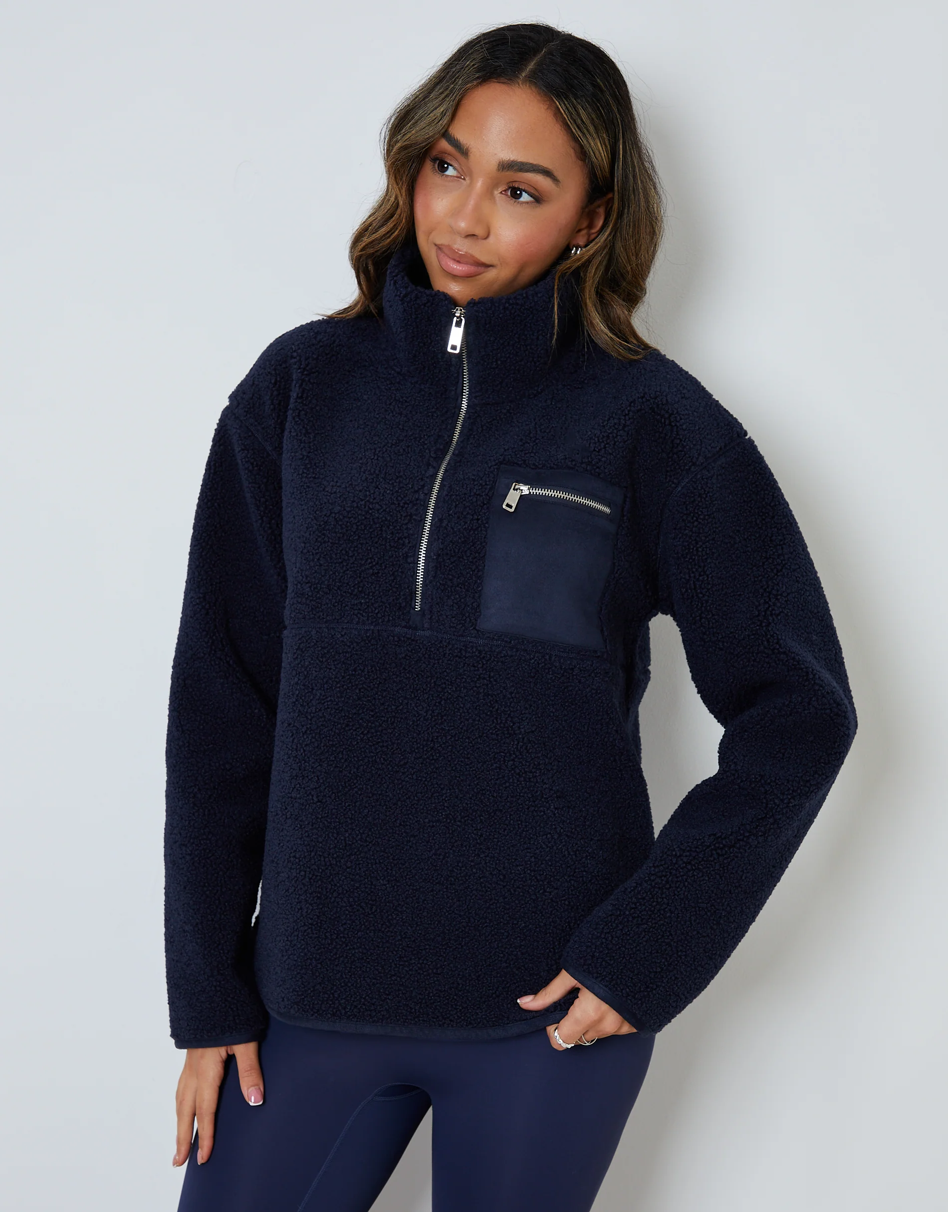 Half Zip Borg Fleece in Navy - Image 3