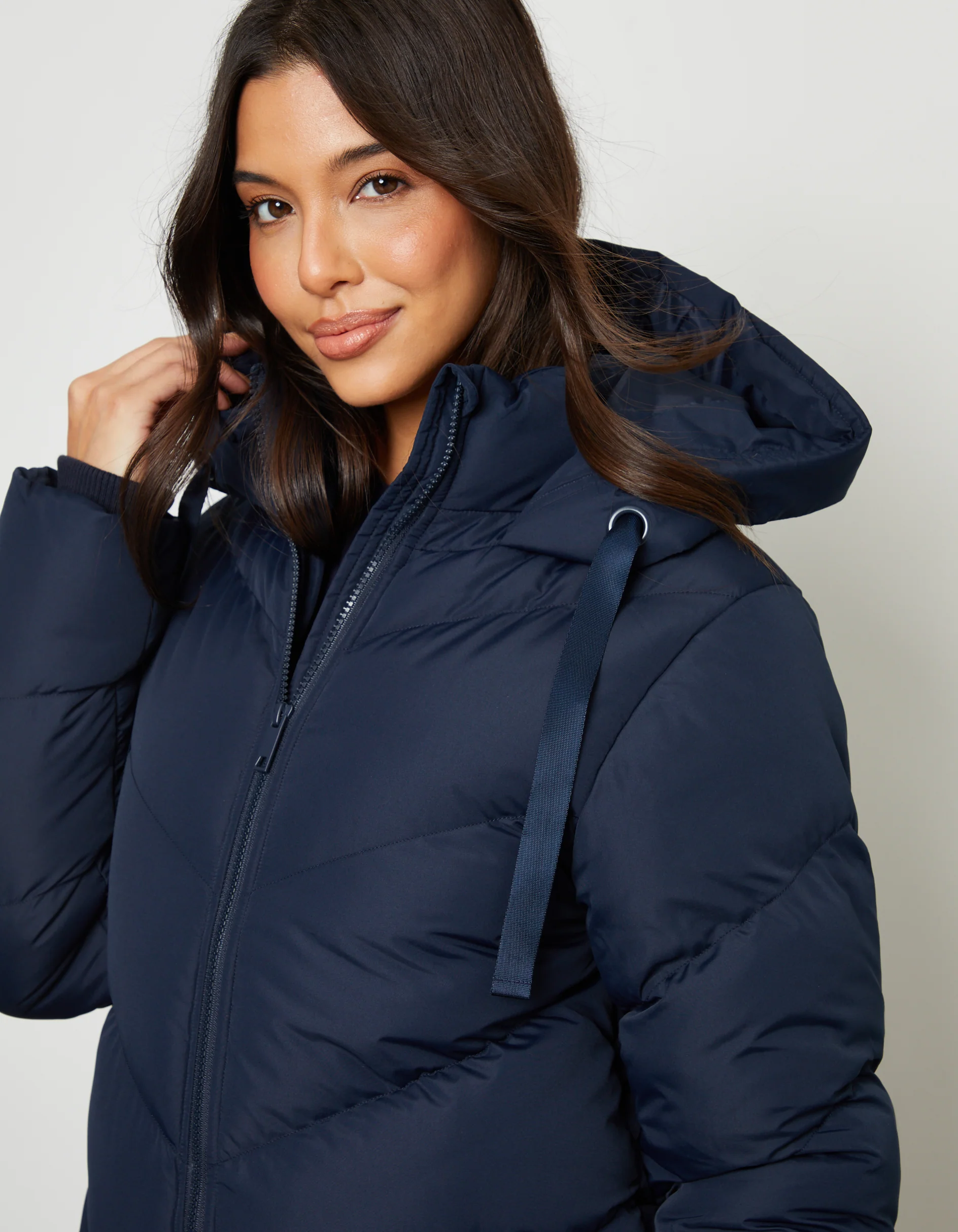 Padded Mid Length Hooded Puffer Jacket in Navy - Image 3