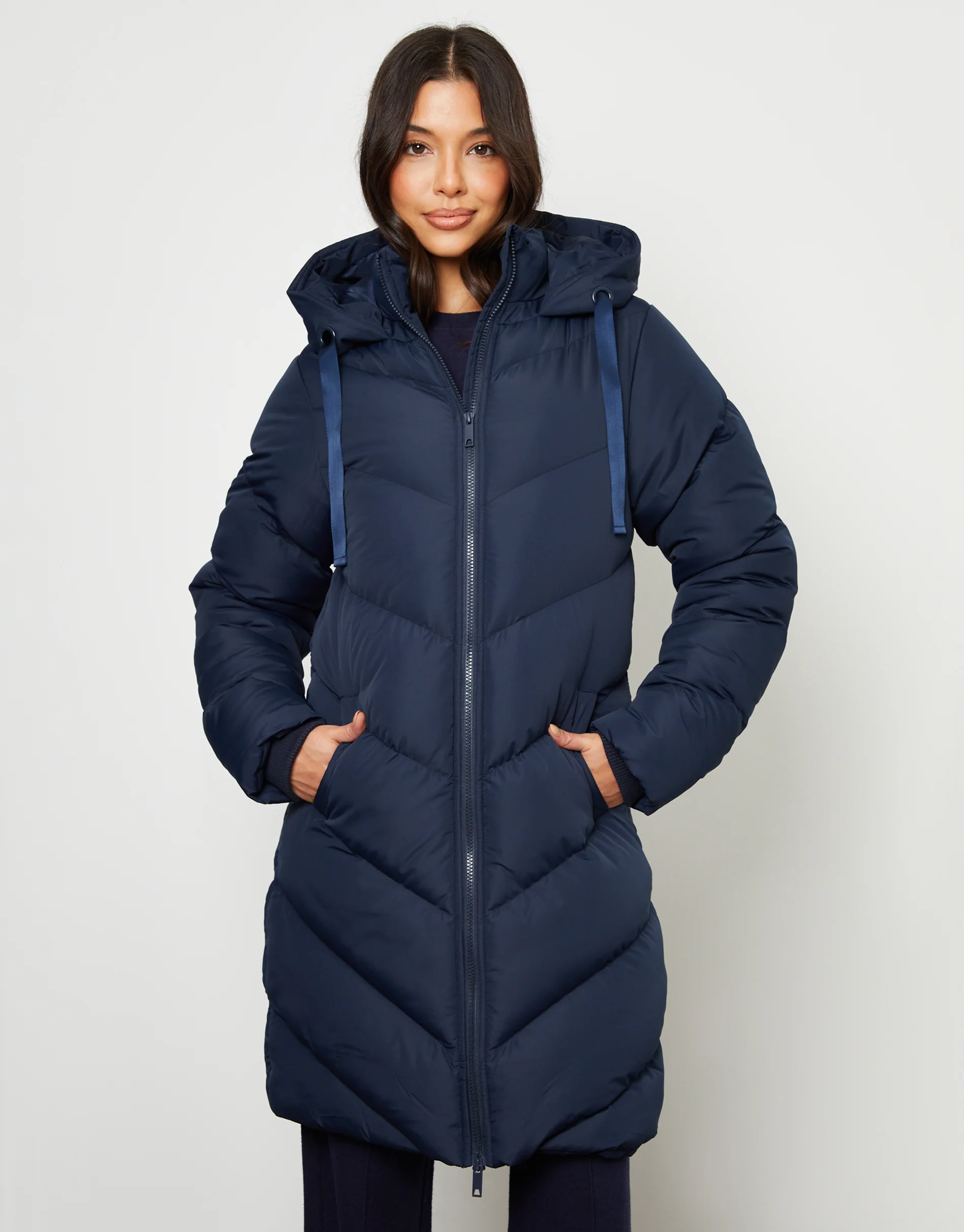 Padded Mid Length Hooded Puffer Jacket in Navy - Image 4
