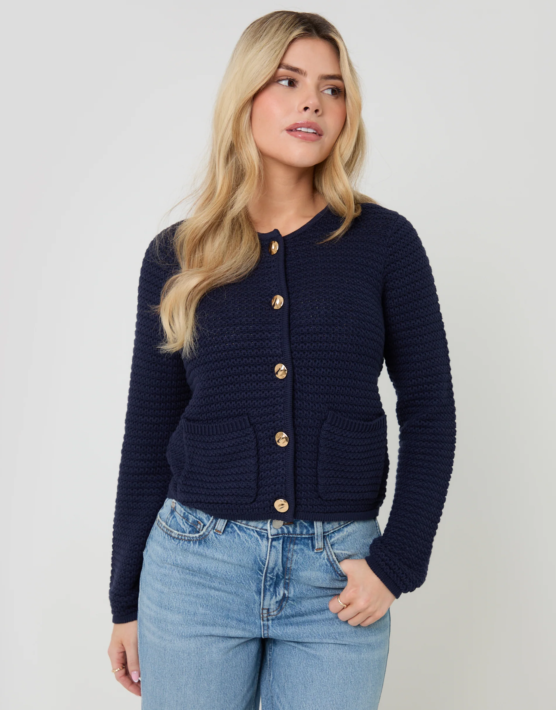 Patch Pocket Crew Neck Cardigan in Navy - Image 5