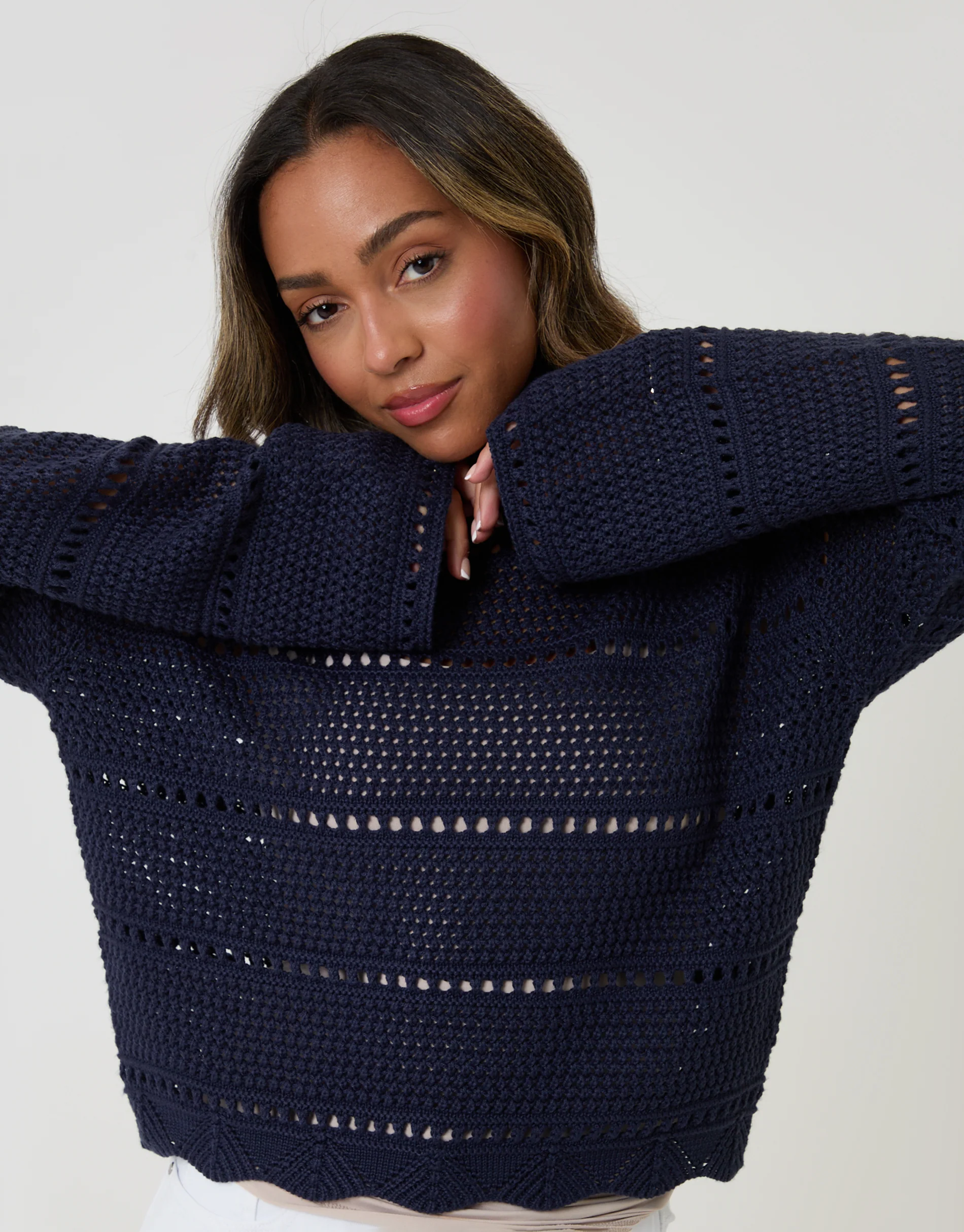 Pointelle Knit Crew Neck Jumper in Navy - Image 4