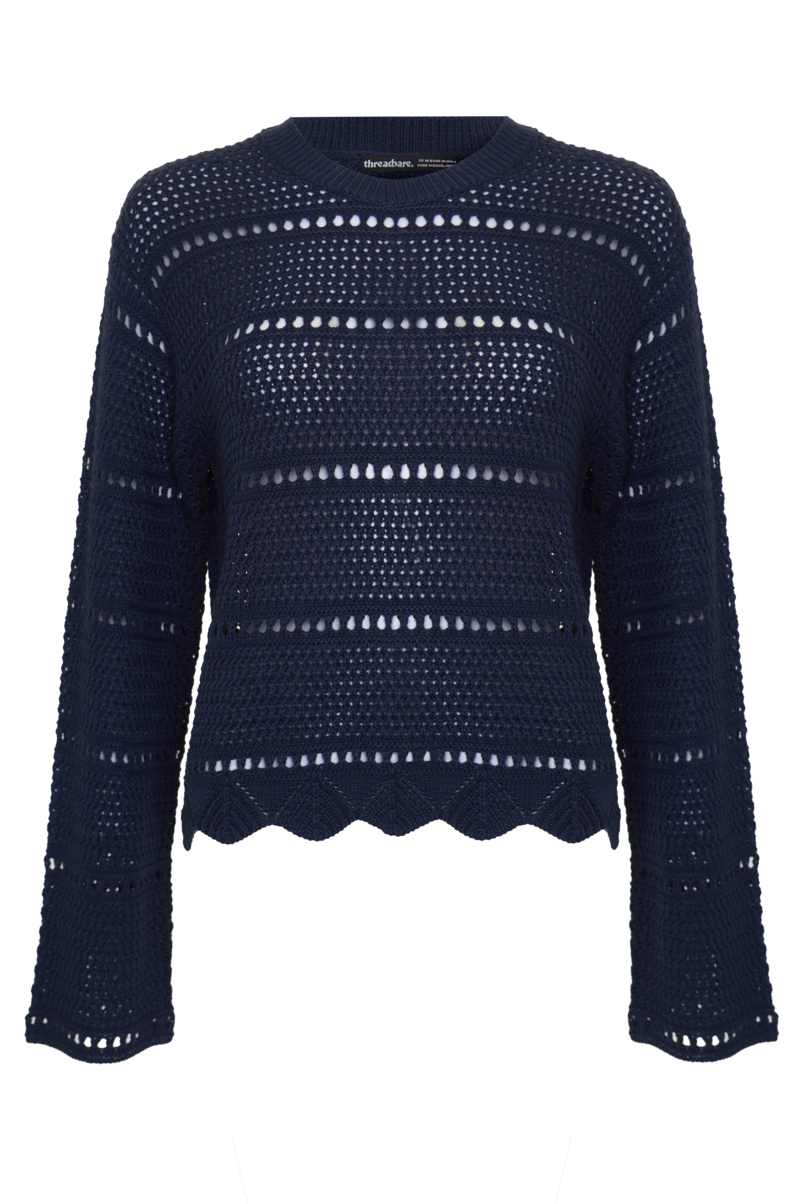 Pointelle Knit Crew Neck Jumper in Navy - Image 5