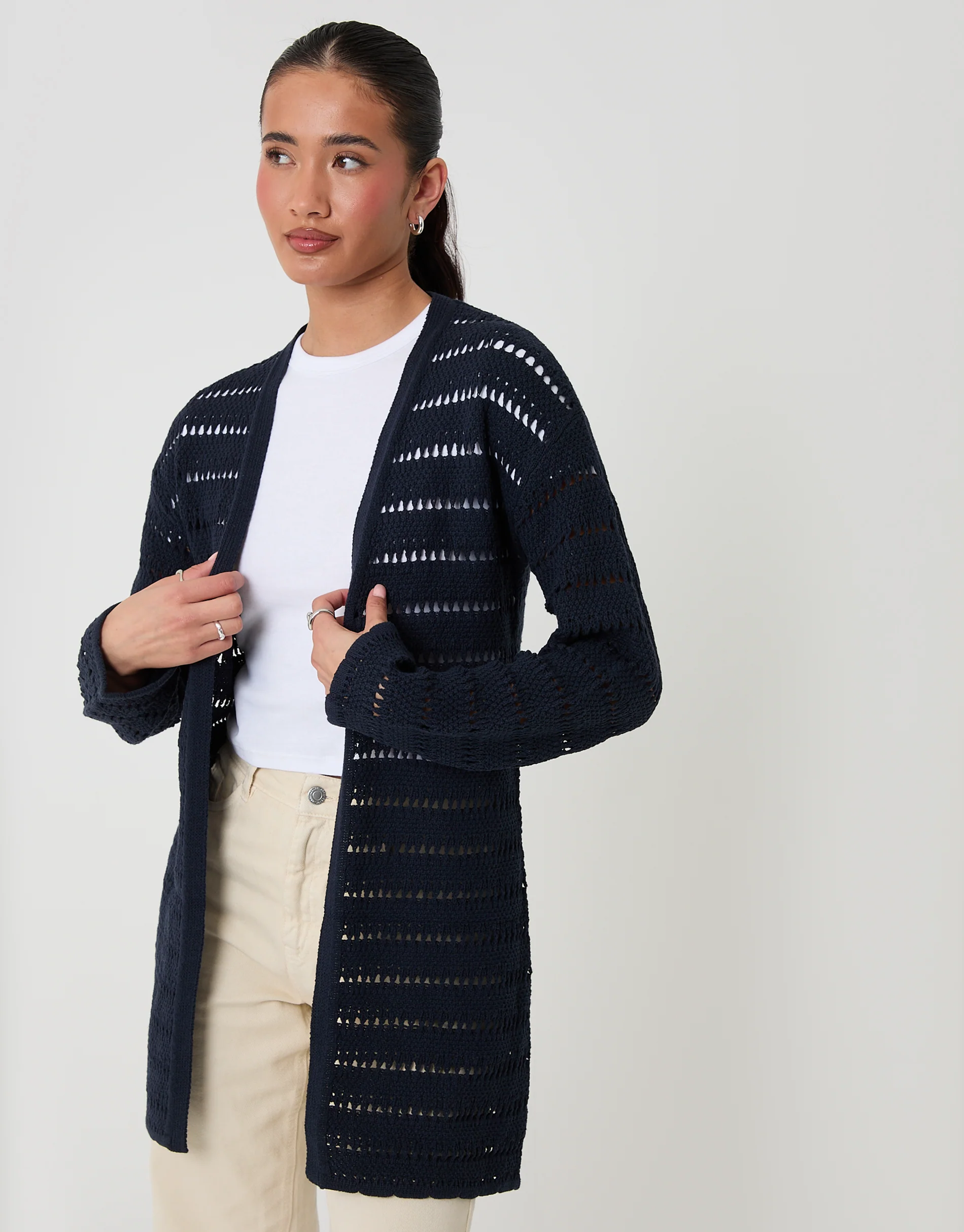 Pointelle Knit Longline Cardigan in Navy