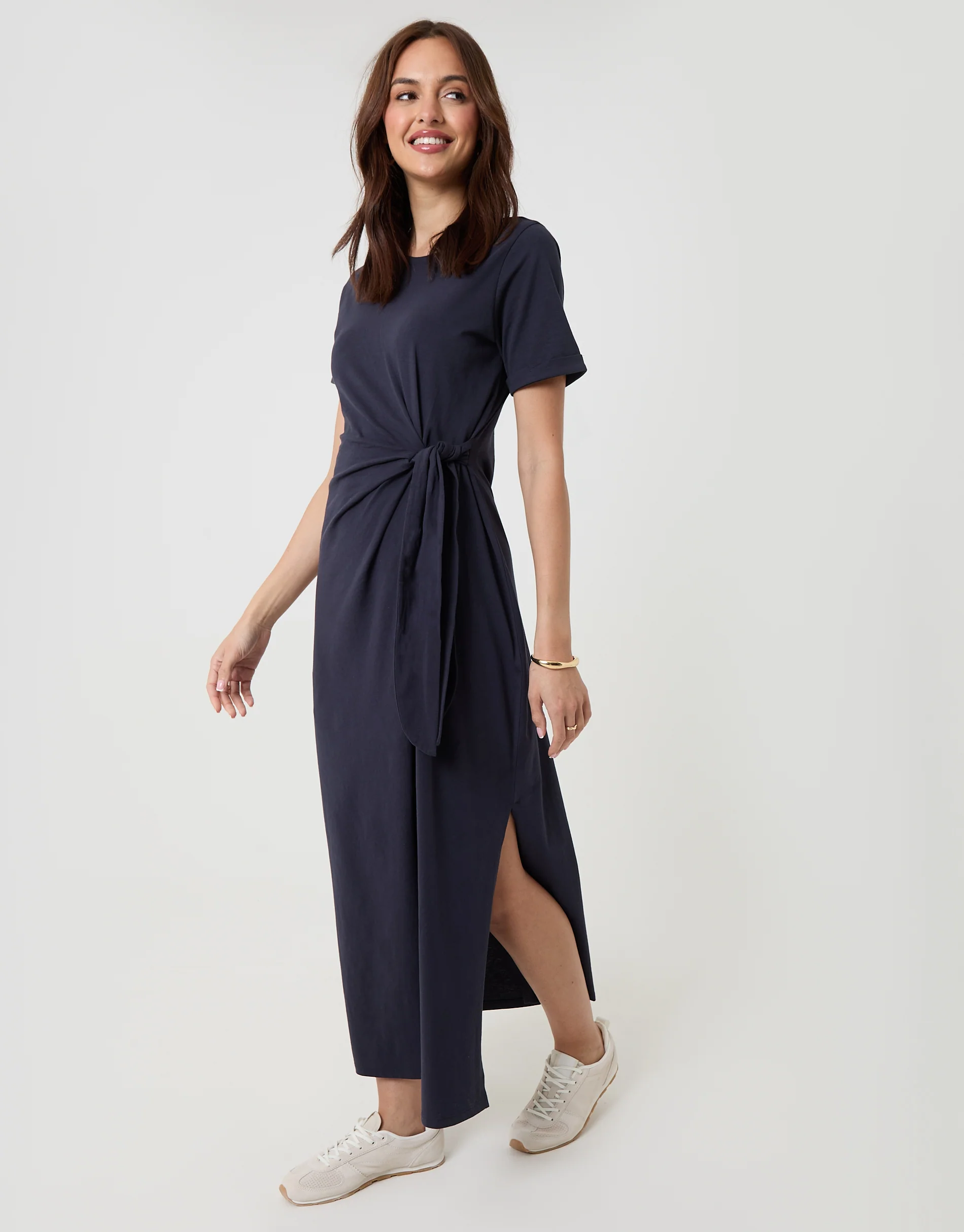 Tie Front Side Split Cotton Jersey Midi Dress in Navy