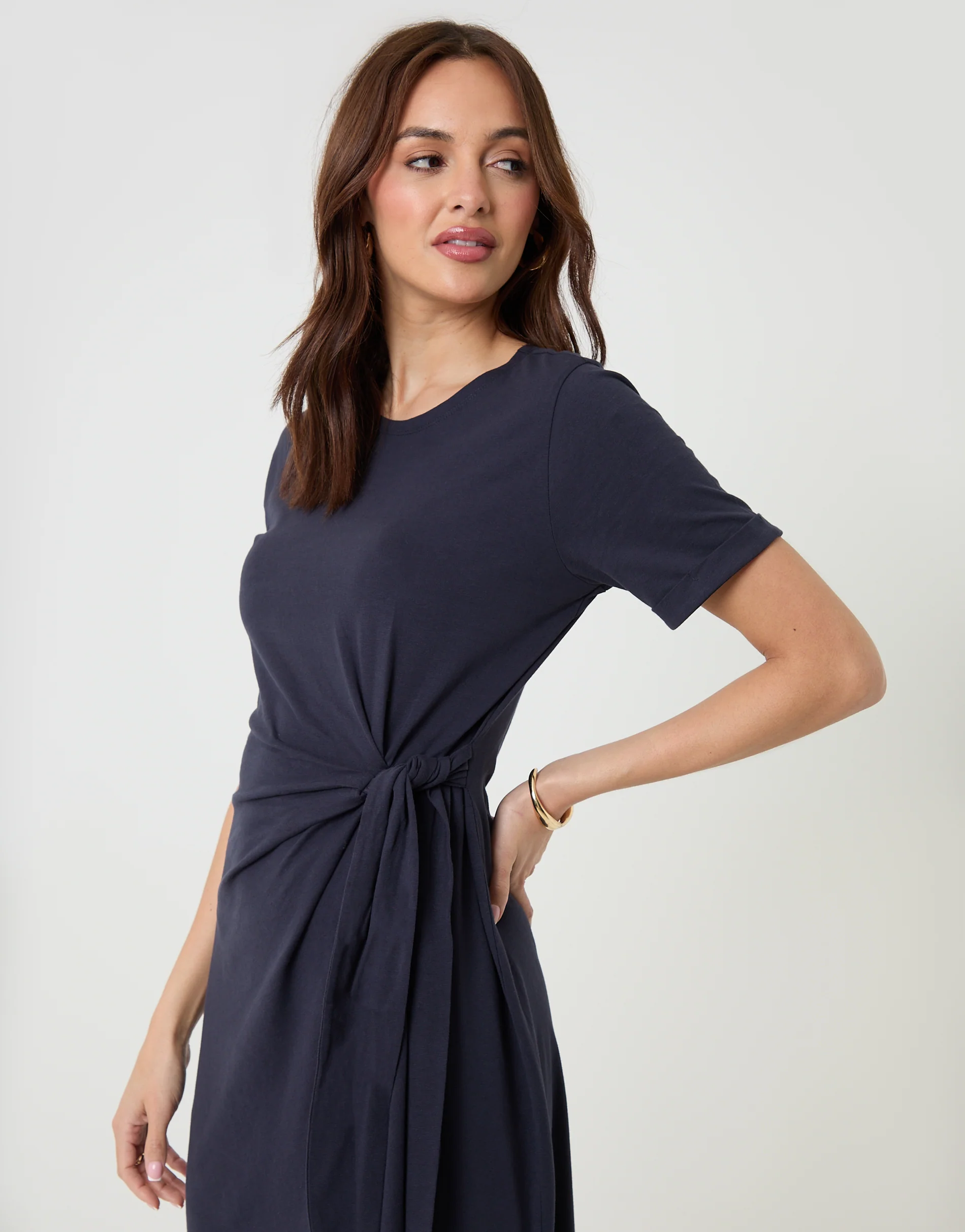 Tie Front Side Split Cotton Jersey Midi Dress in Navy - Image 2