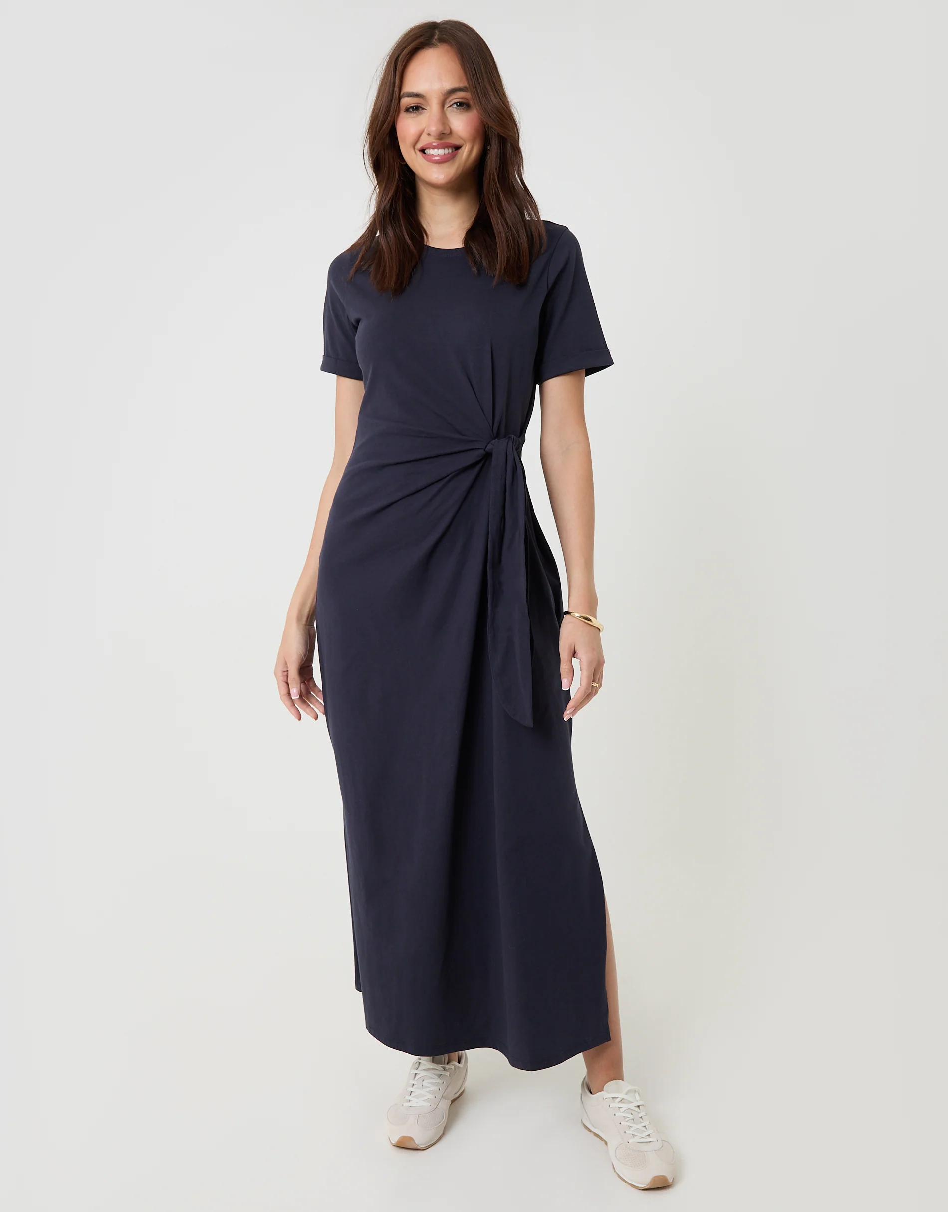 Tie Front Side Split Cotton Jersey Midi Dress in Navy - Image 3