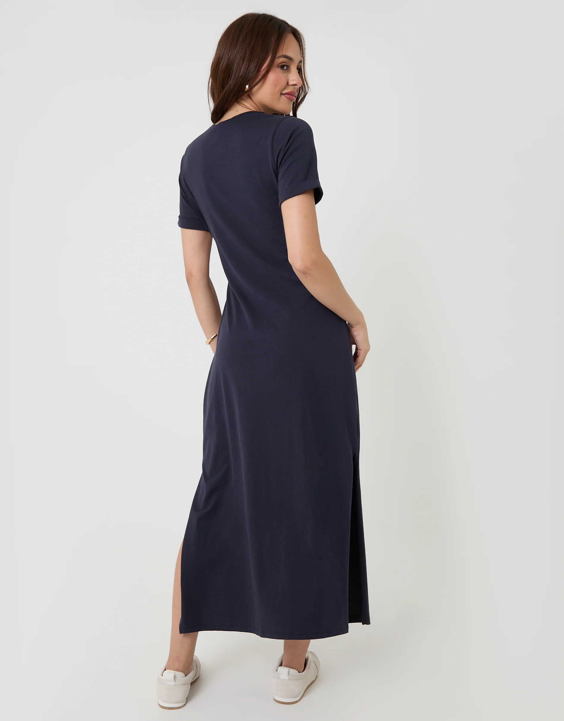 Tie Front Side Split Cotton Jersey Midi Dress in Navy - Image 4
