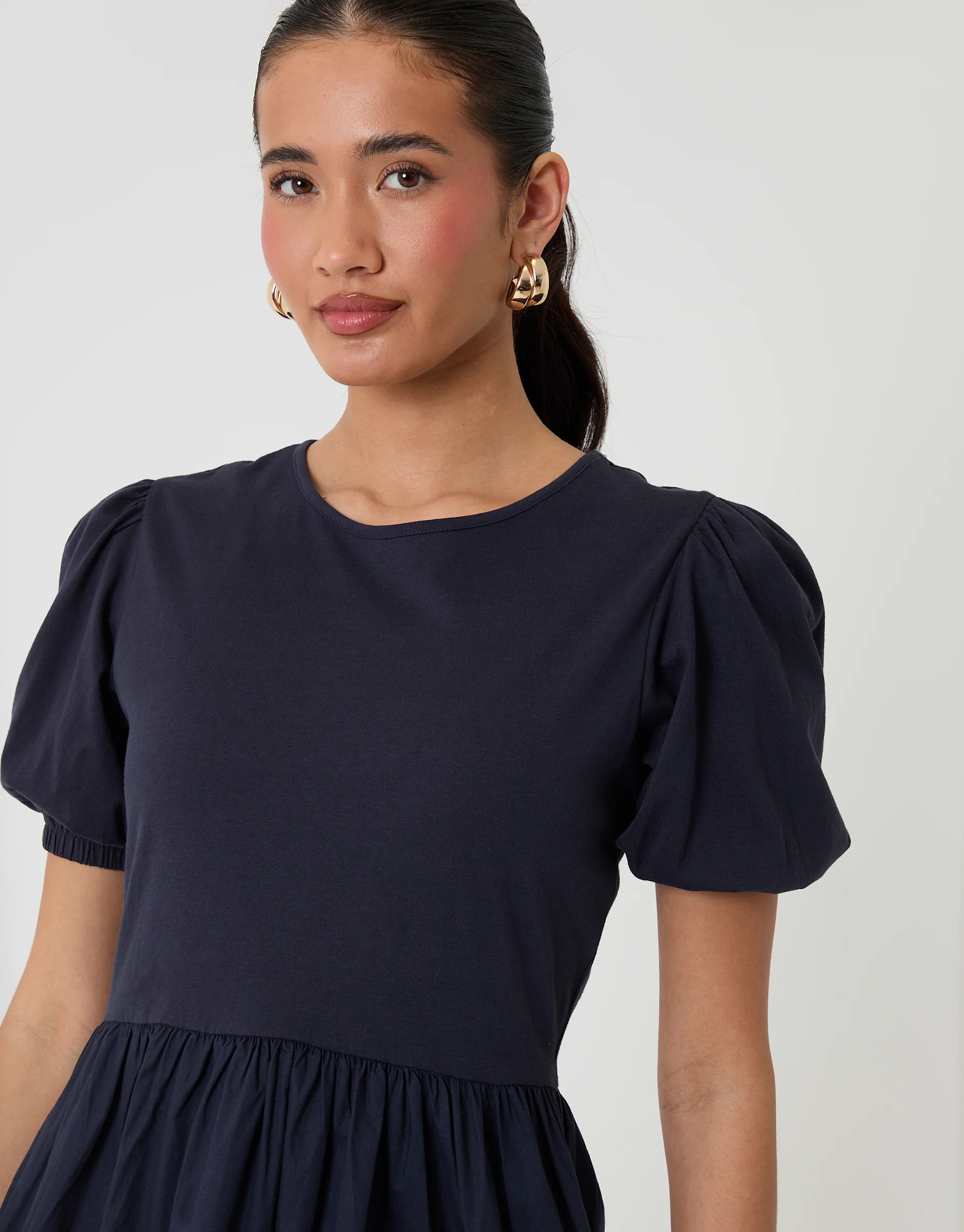 Puff Sleeve Jersey Poplin Mix Maxi Dress in Navy - Image 3