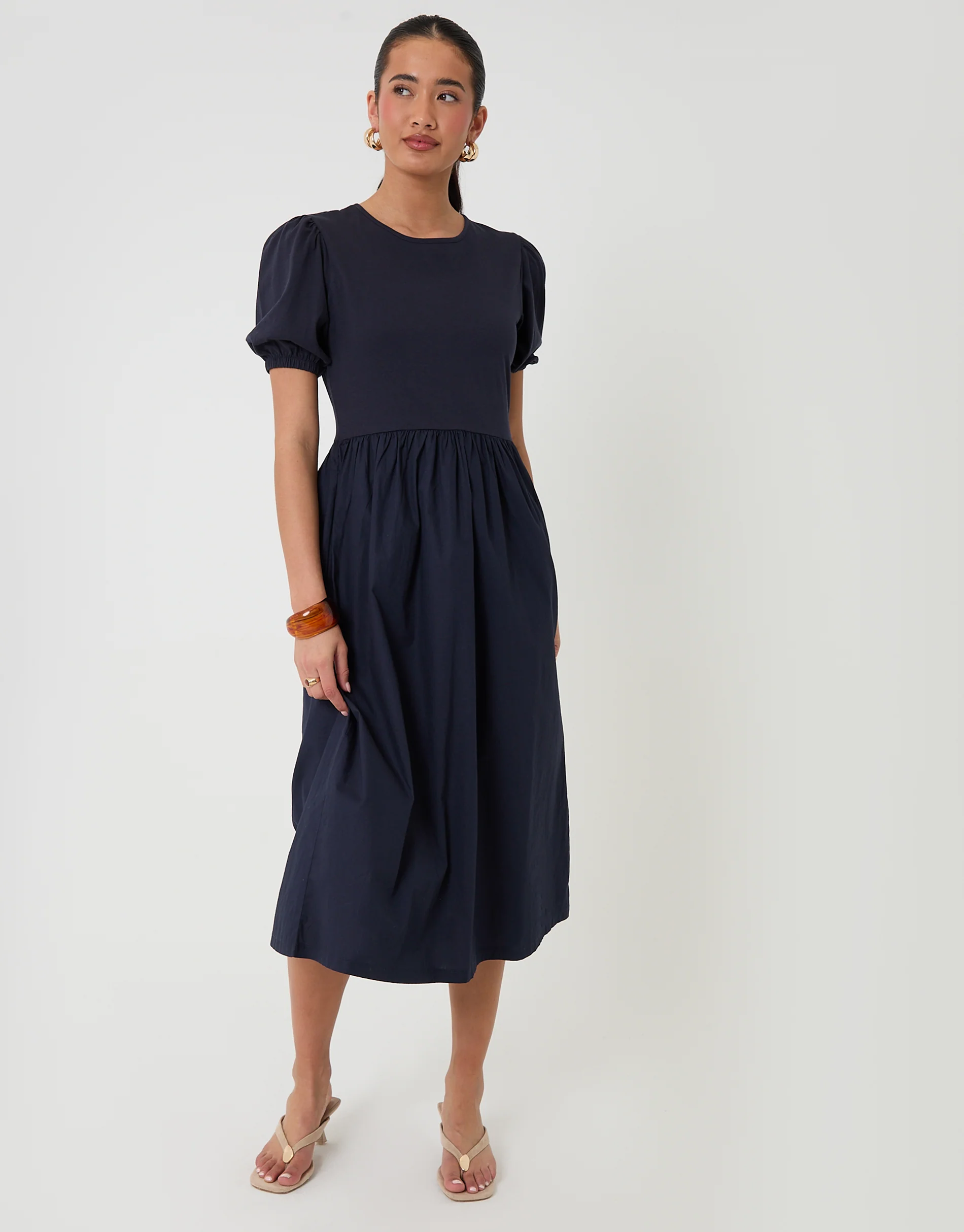 Puff Sleeve Jersey Poplin Mix Maxi Dress in Navy - Image 4