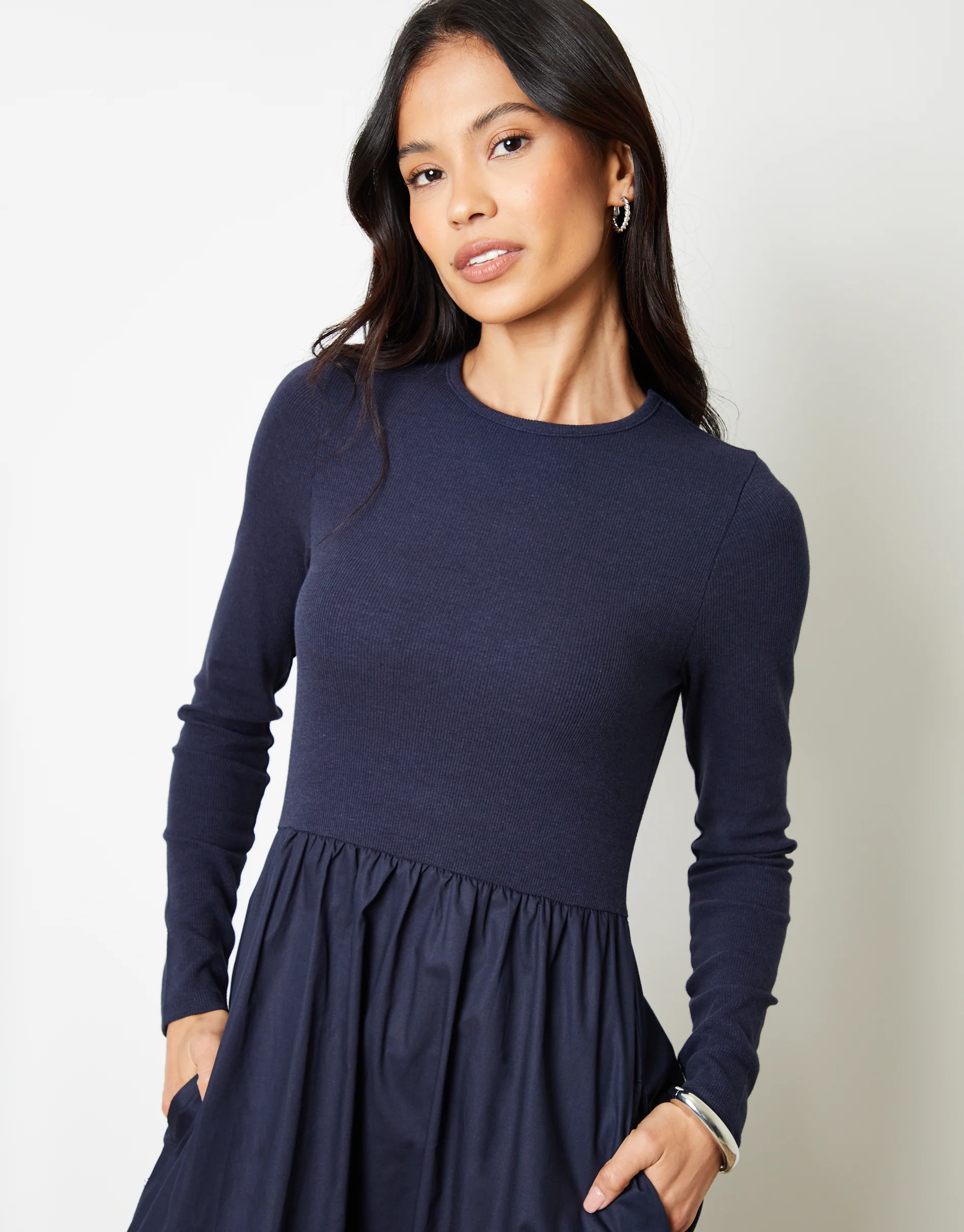 Rib Jersey 2-in-1 Midi Dress with Poplin Skirt in Navy - Image 4