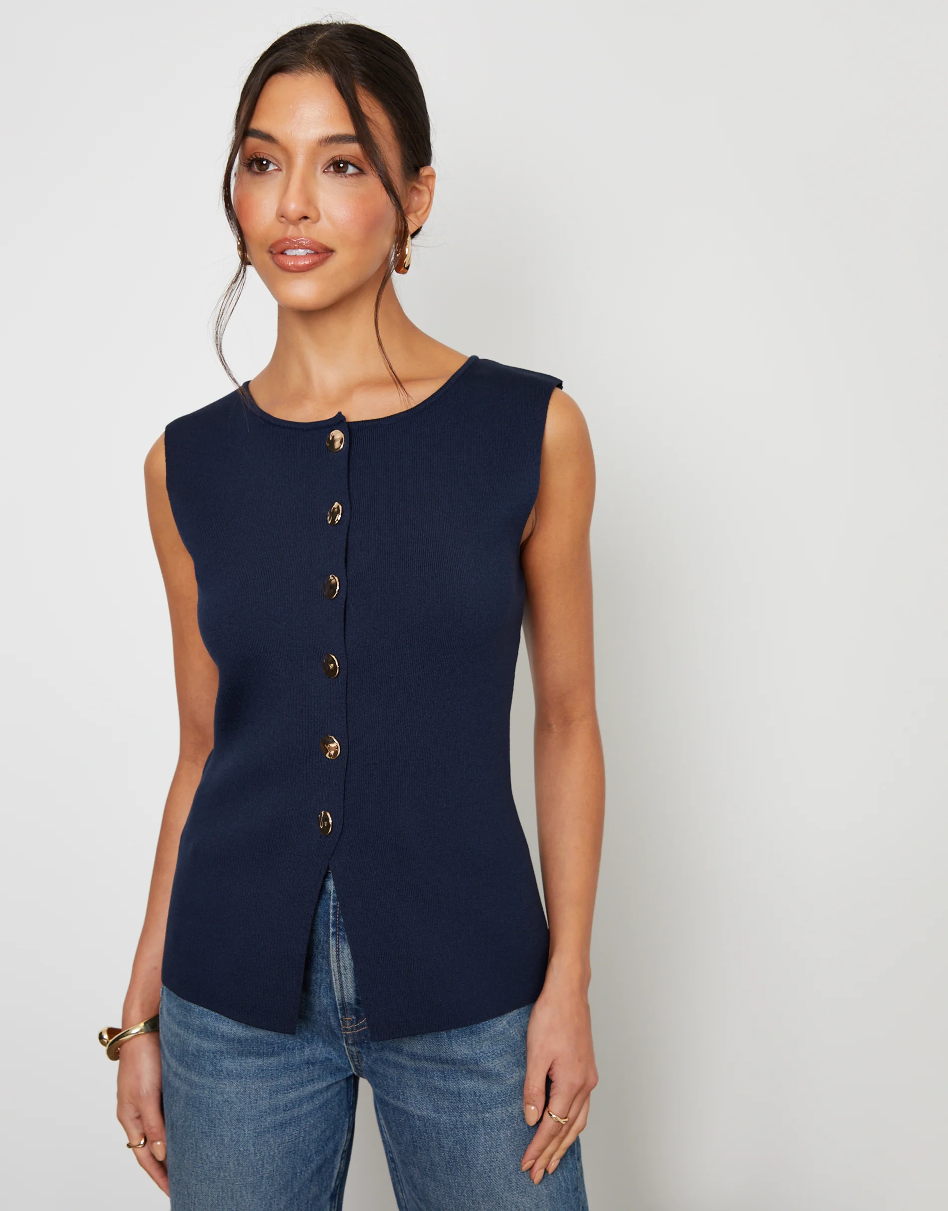 Ribbed Knitted Waistcoat in Navy - Image 4