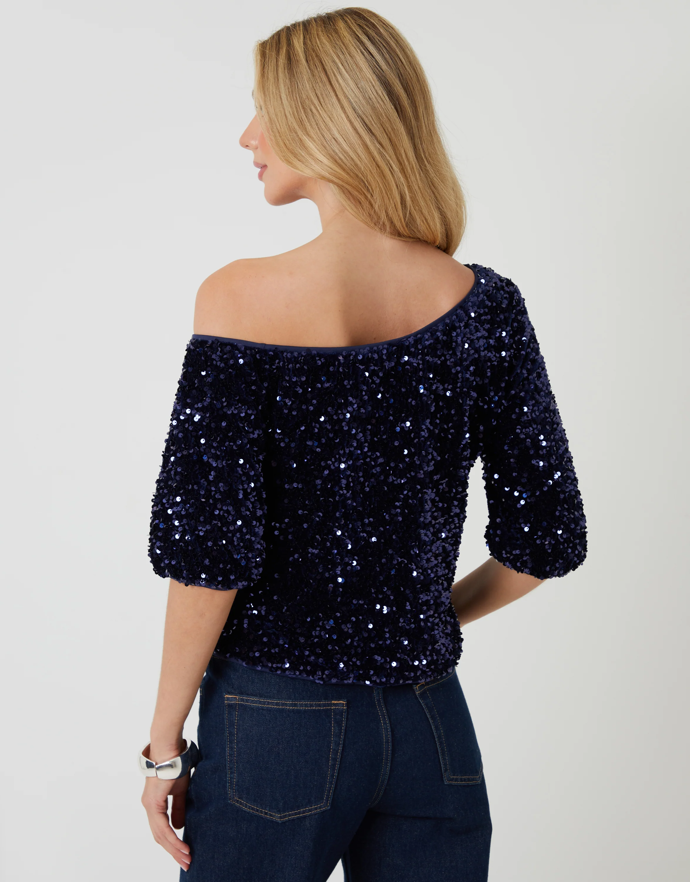 Sequin Velour Slash Neck Top in Navy - Image 3