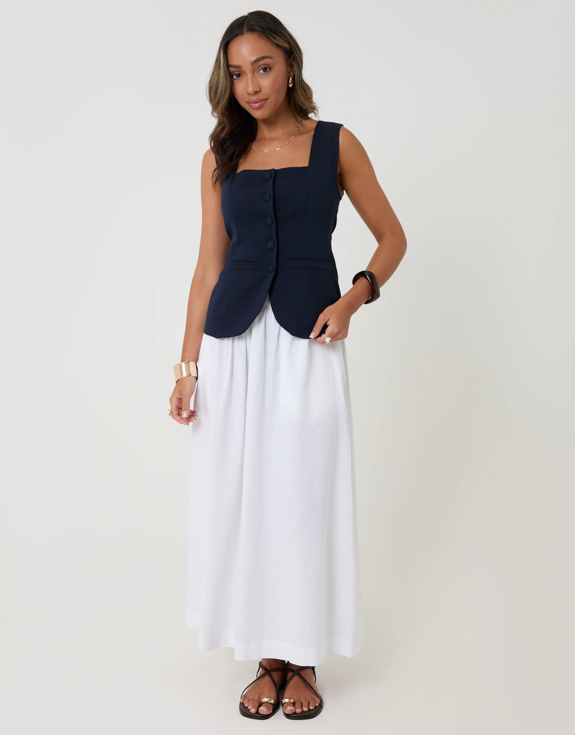 Square Neck Tailored Waistcoat in Navy - Image 3