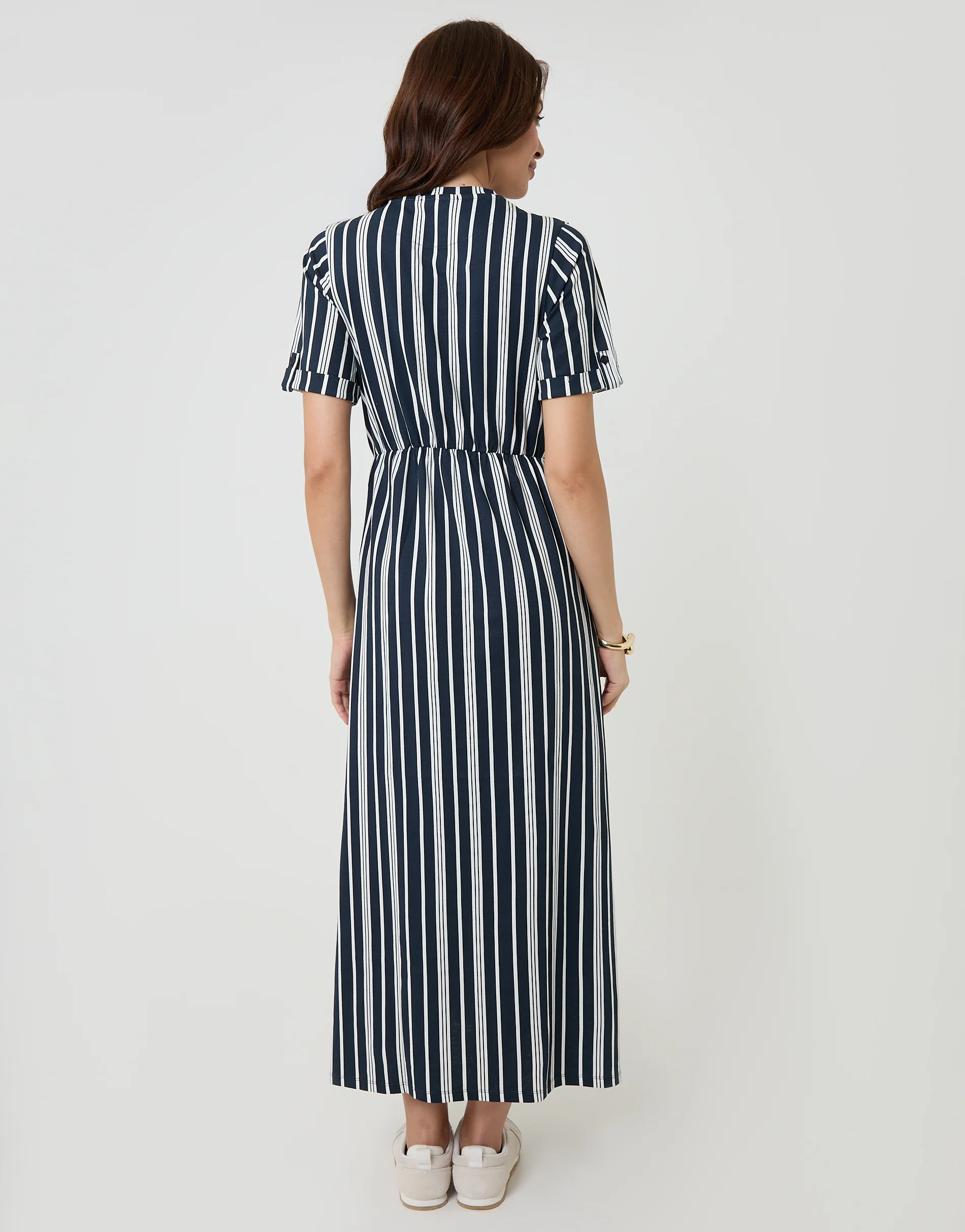 Crew Neck Jersey Midi Dress with Patch Pockets in Navy Stripe - Image 2