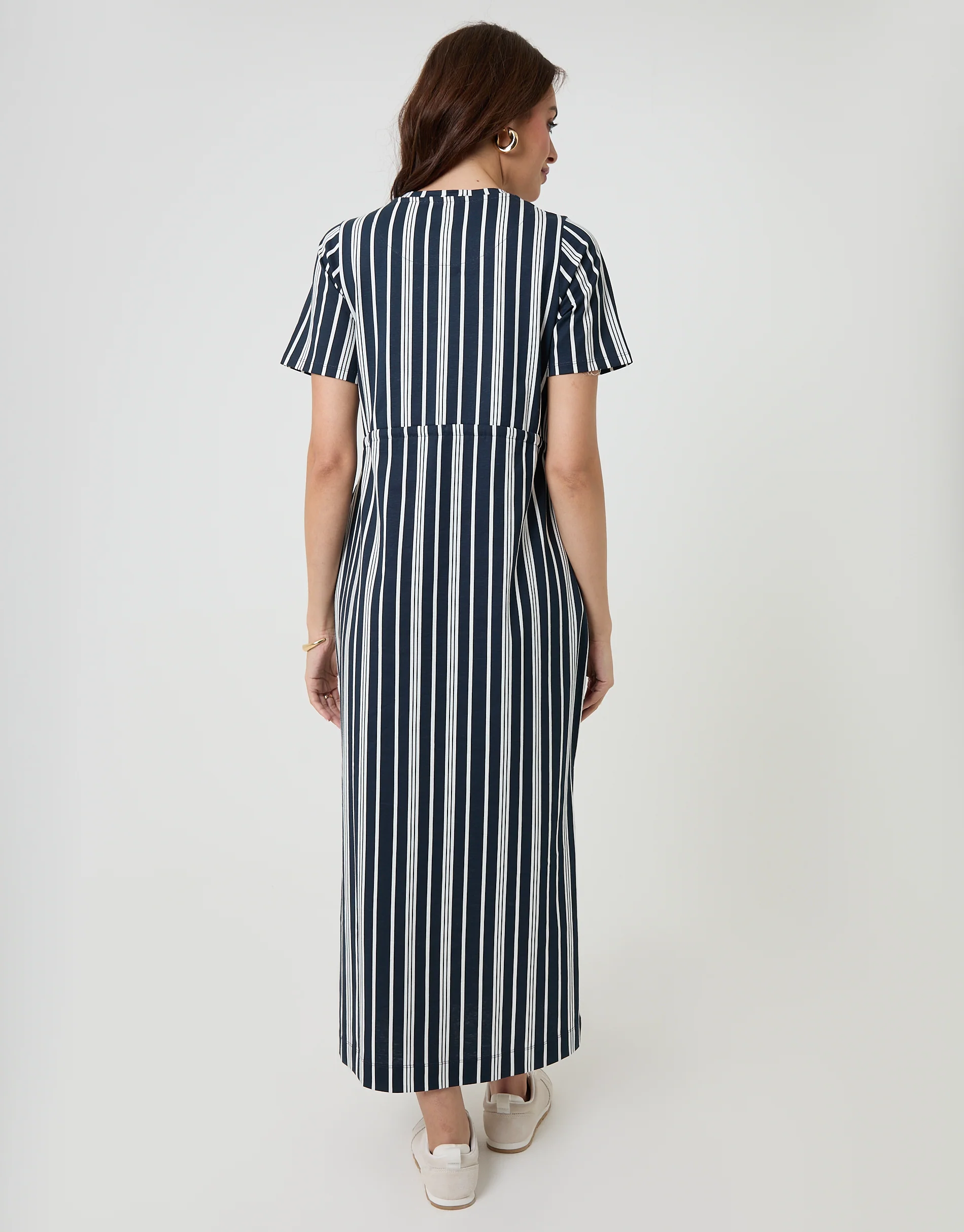 Drawstring Waist Side Split Cotton Jersey Midi Dress in Navy Stripe - Image 2