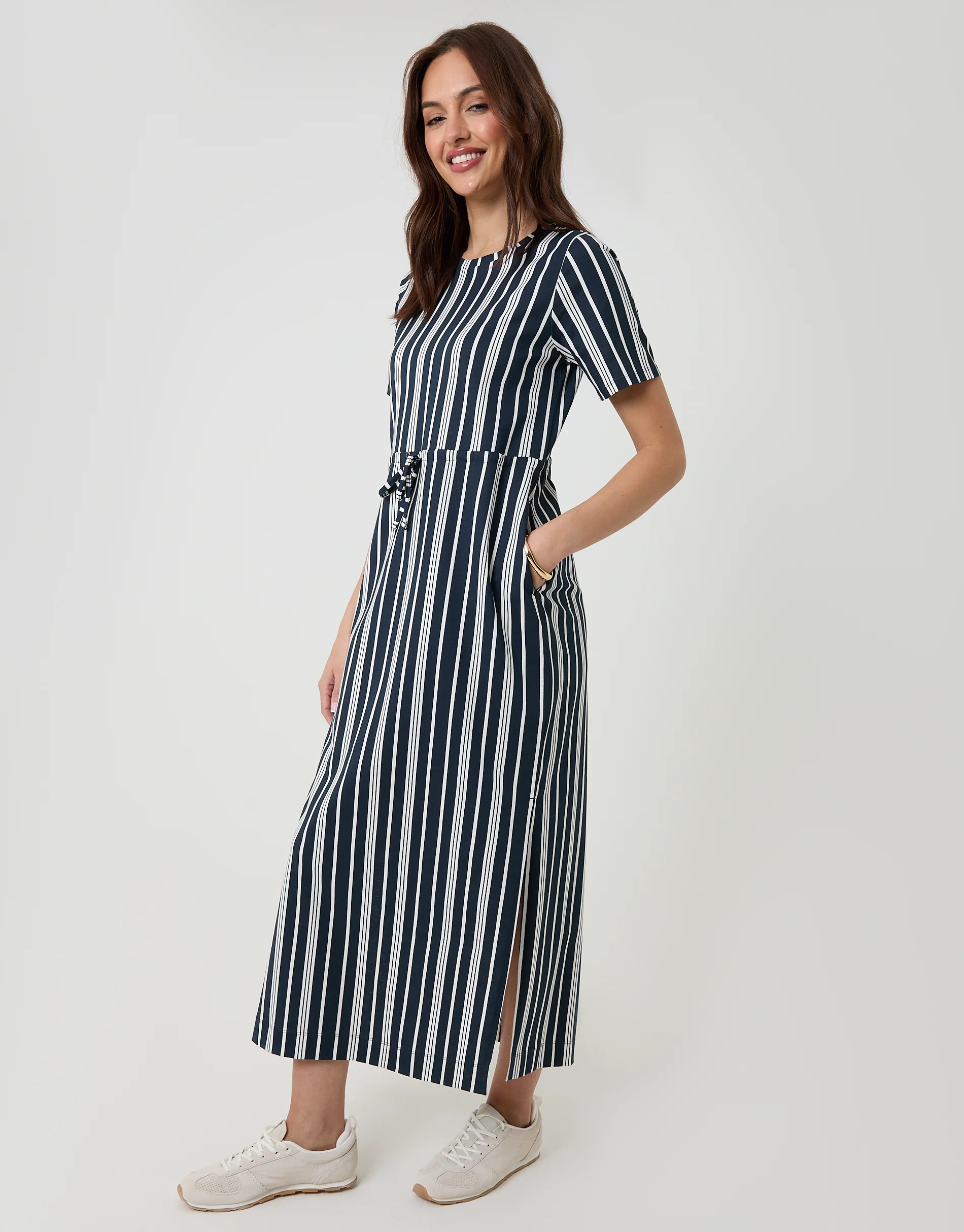 Drawstring Waist Side Split Cotton Jersey Midi Dress in Navy Stripe - Image 3