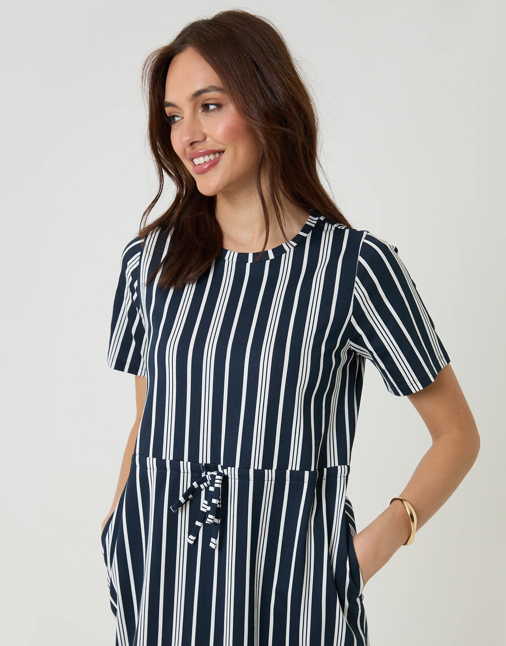 Drawstring Waist Side Split Cotton Jersey Midi Dress in Navy Stripe - Image 4