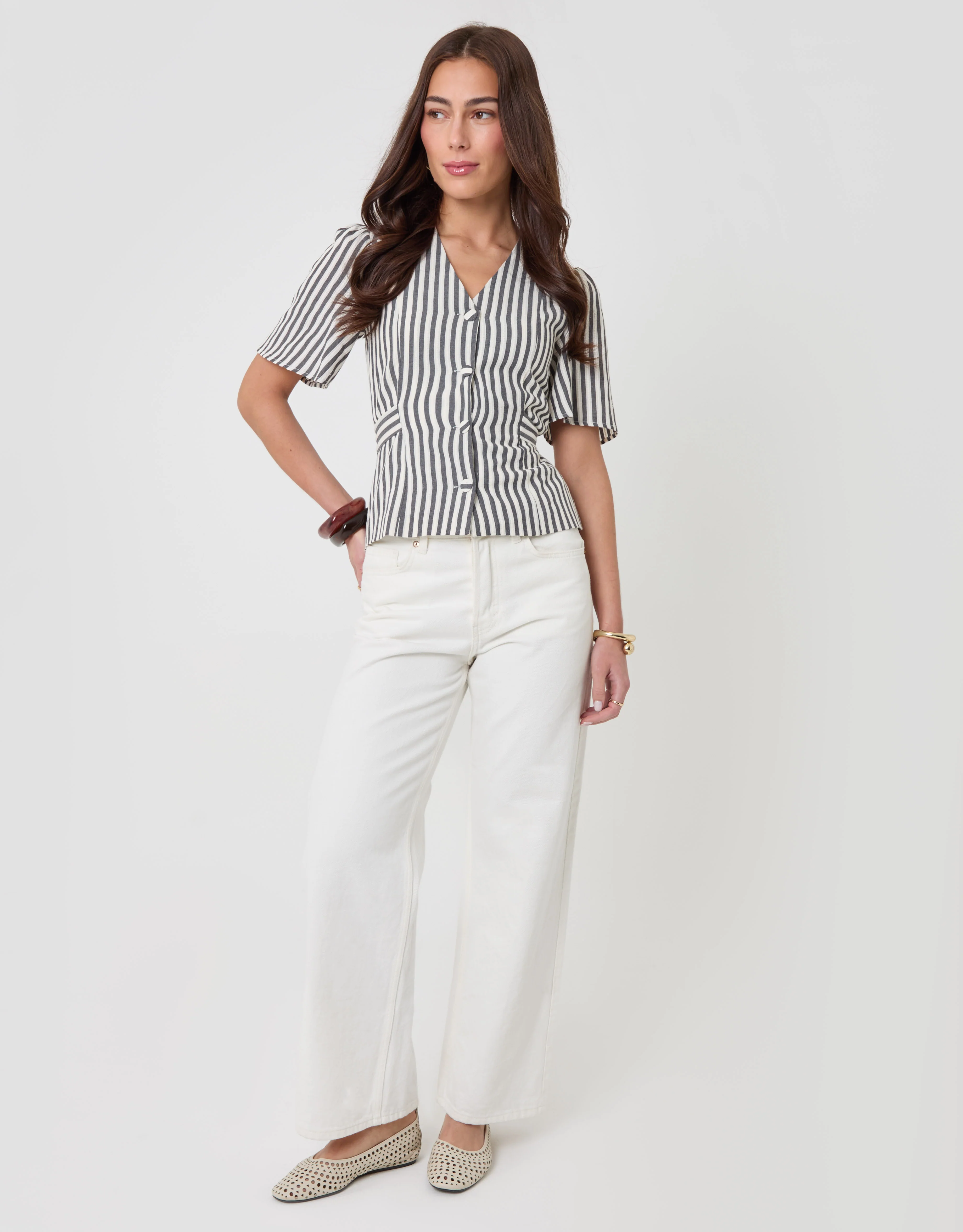 Flutter Sleeve Top in Navy Stripe - Image 3