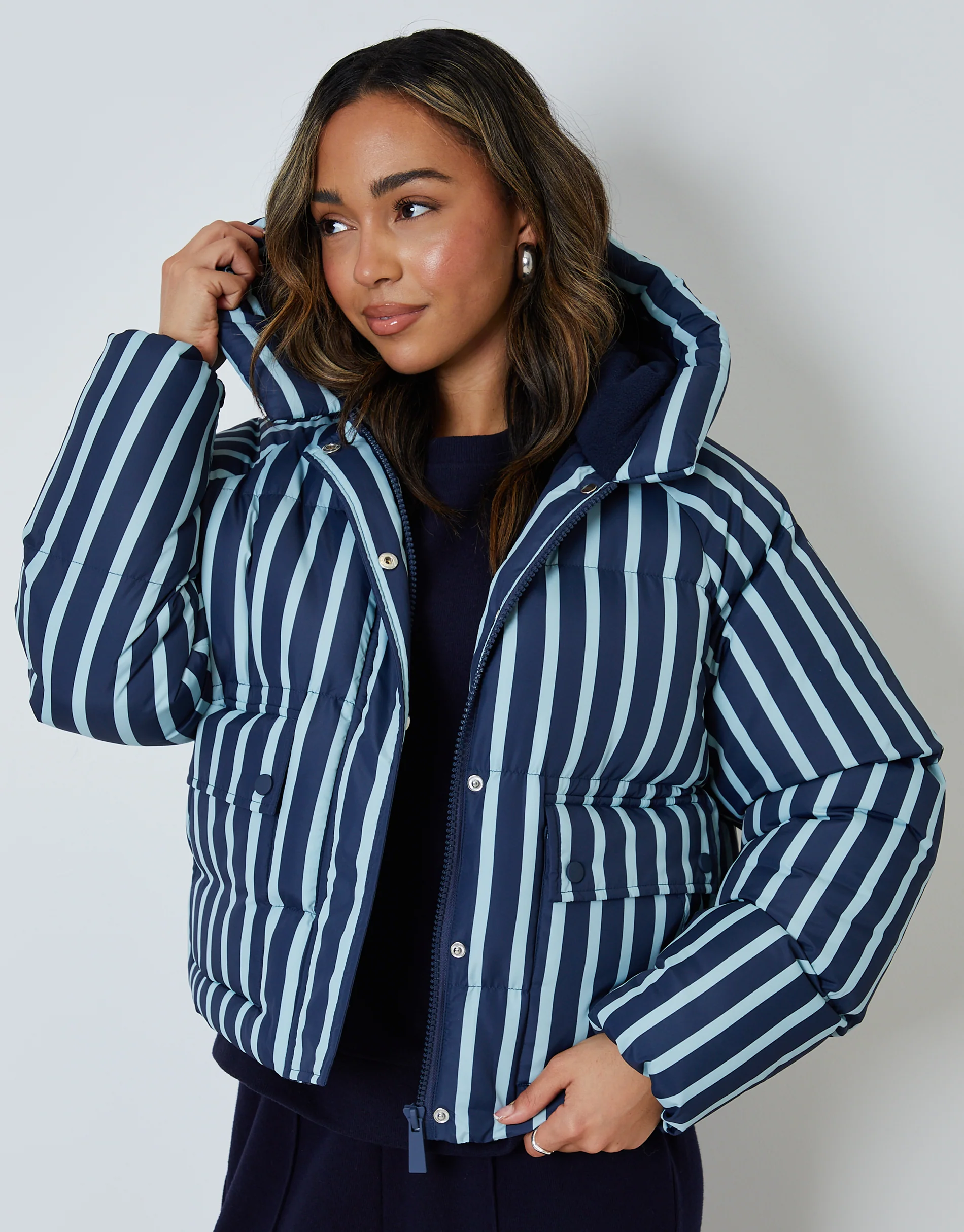 Hooded Padded Jacket in Navy Stripe
