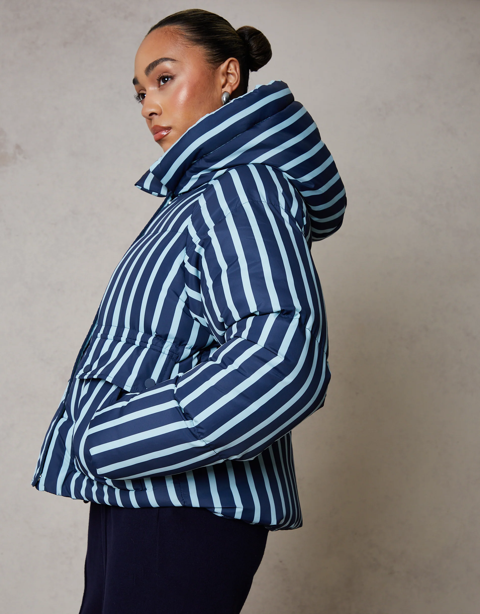 Hooded Padded Jacket in Navy Stripe - Image 5