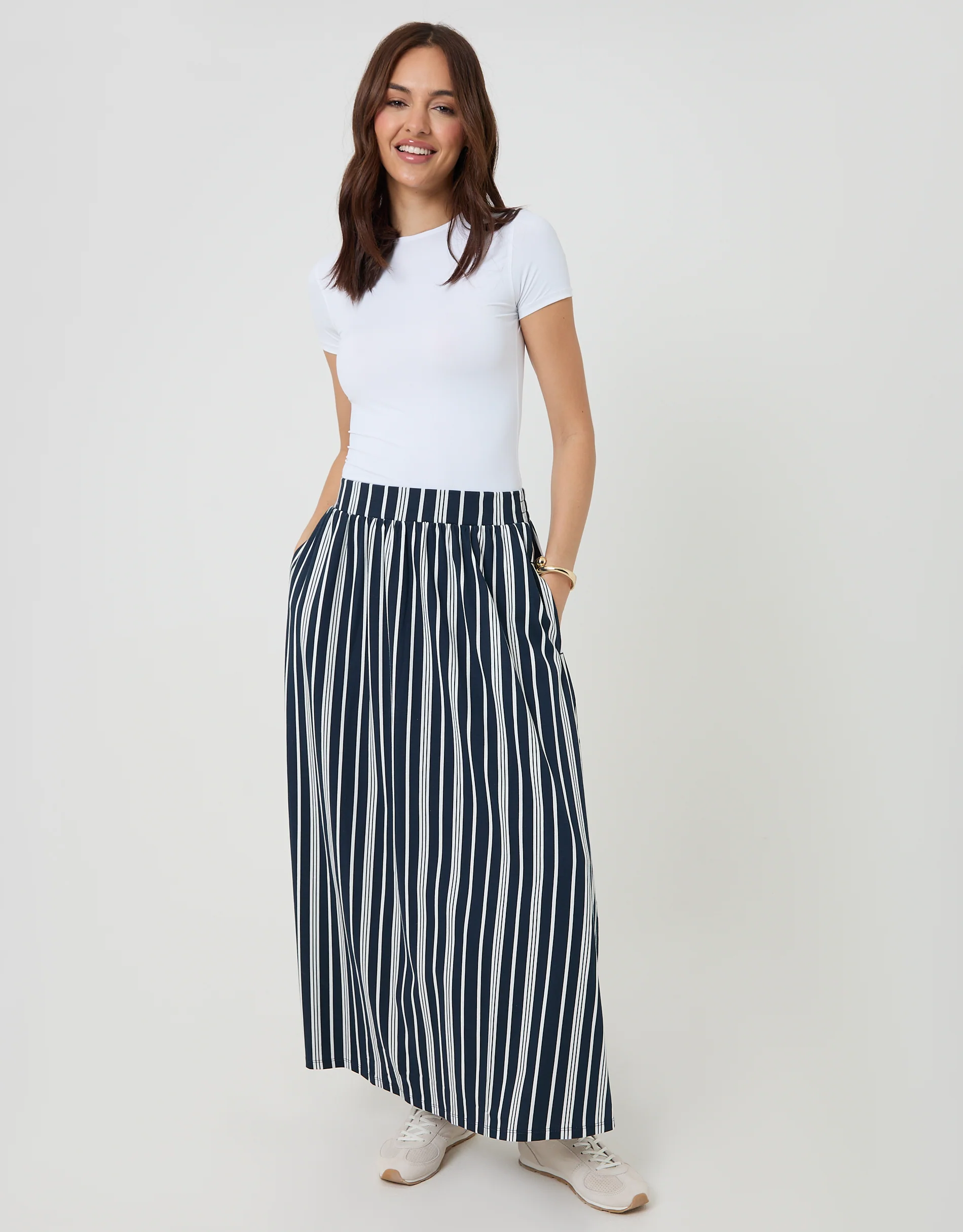 Jersey A-Line Maxi Skirt in Navy Stripe