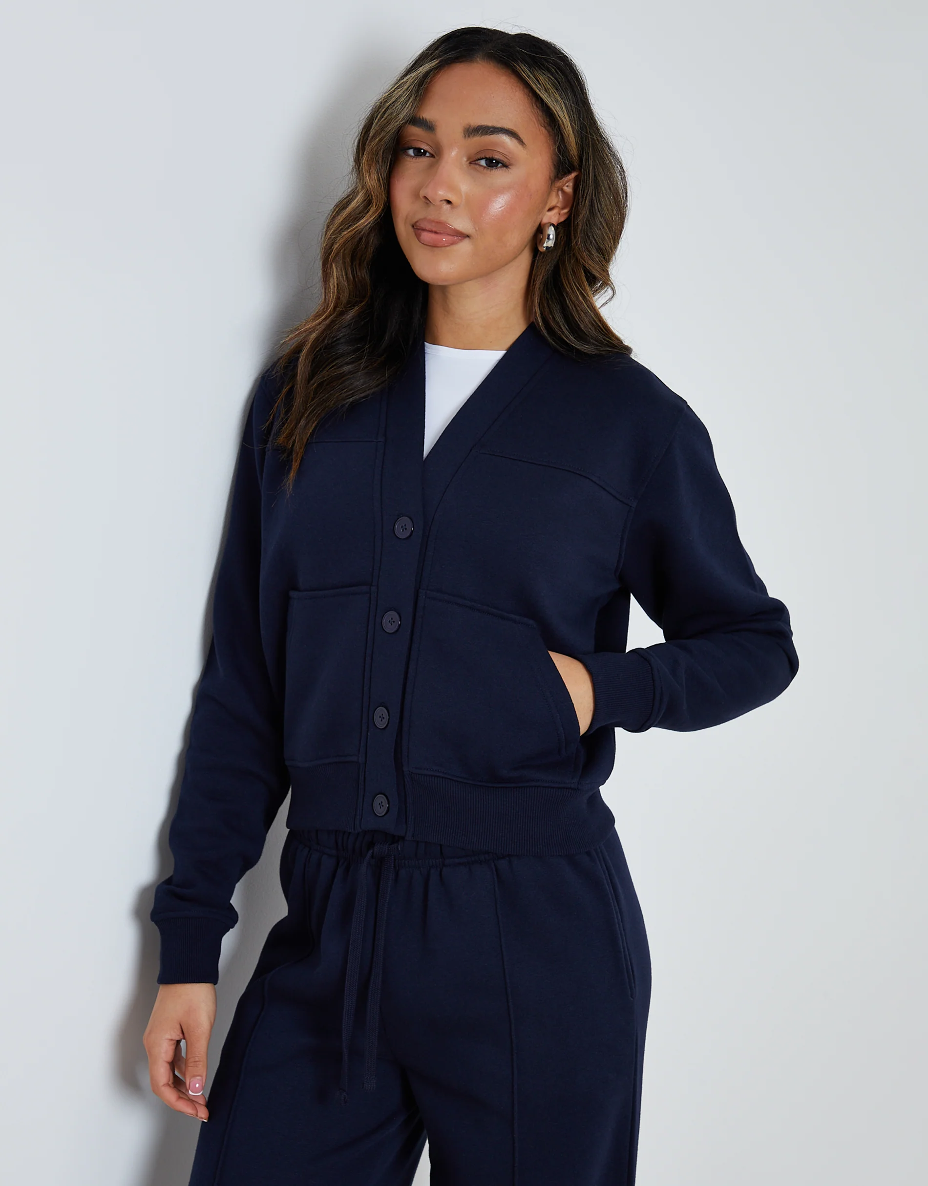 Sweat Bomber Cardigan & Jogger Co-ord Set in Navy - Image 2