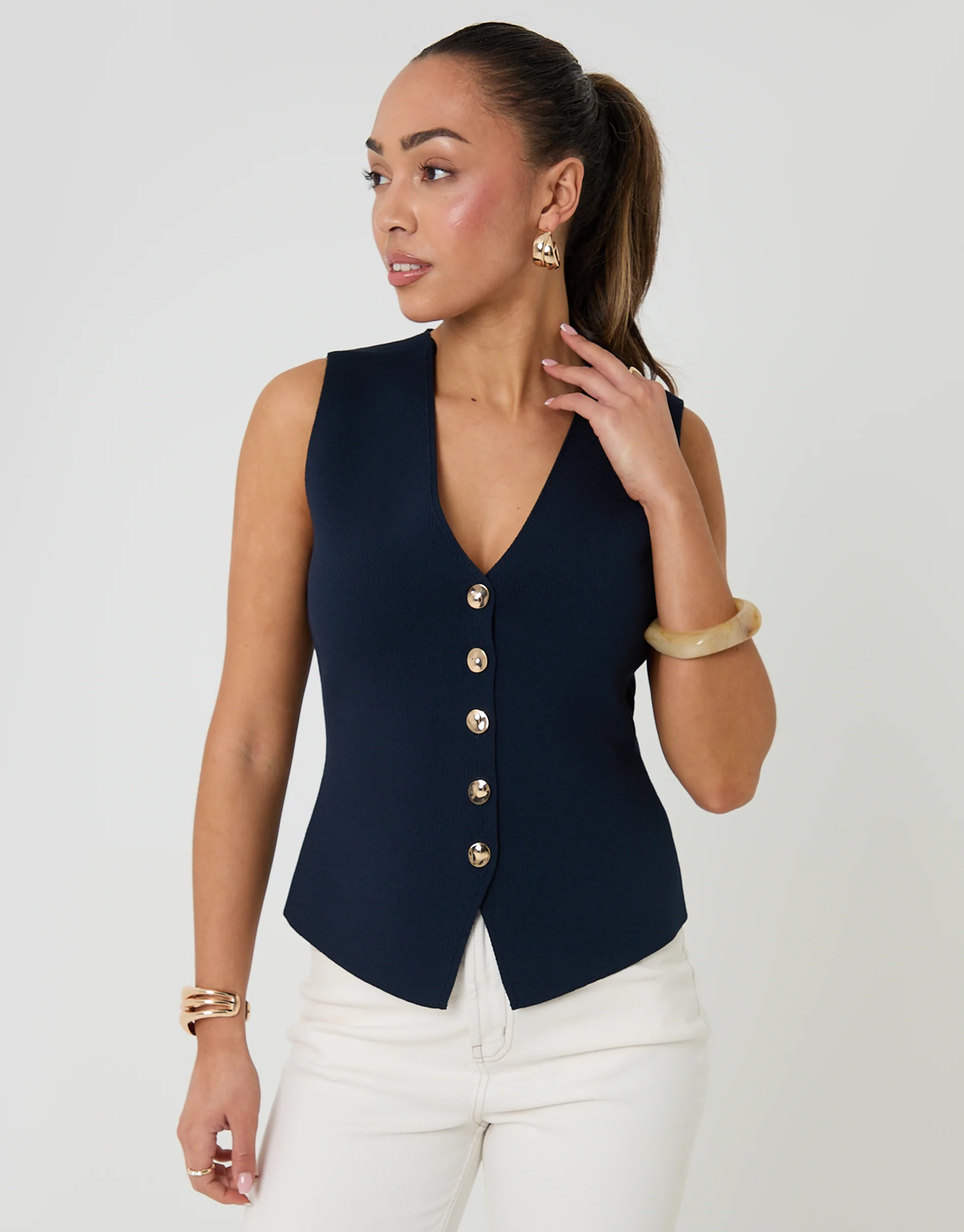 V-Neck Knitted Waistcoat in Navy - Image 3