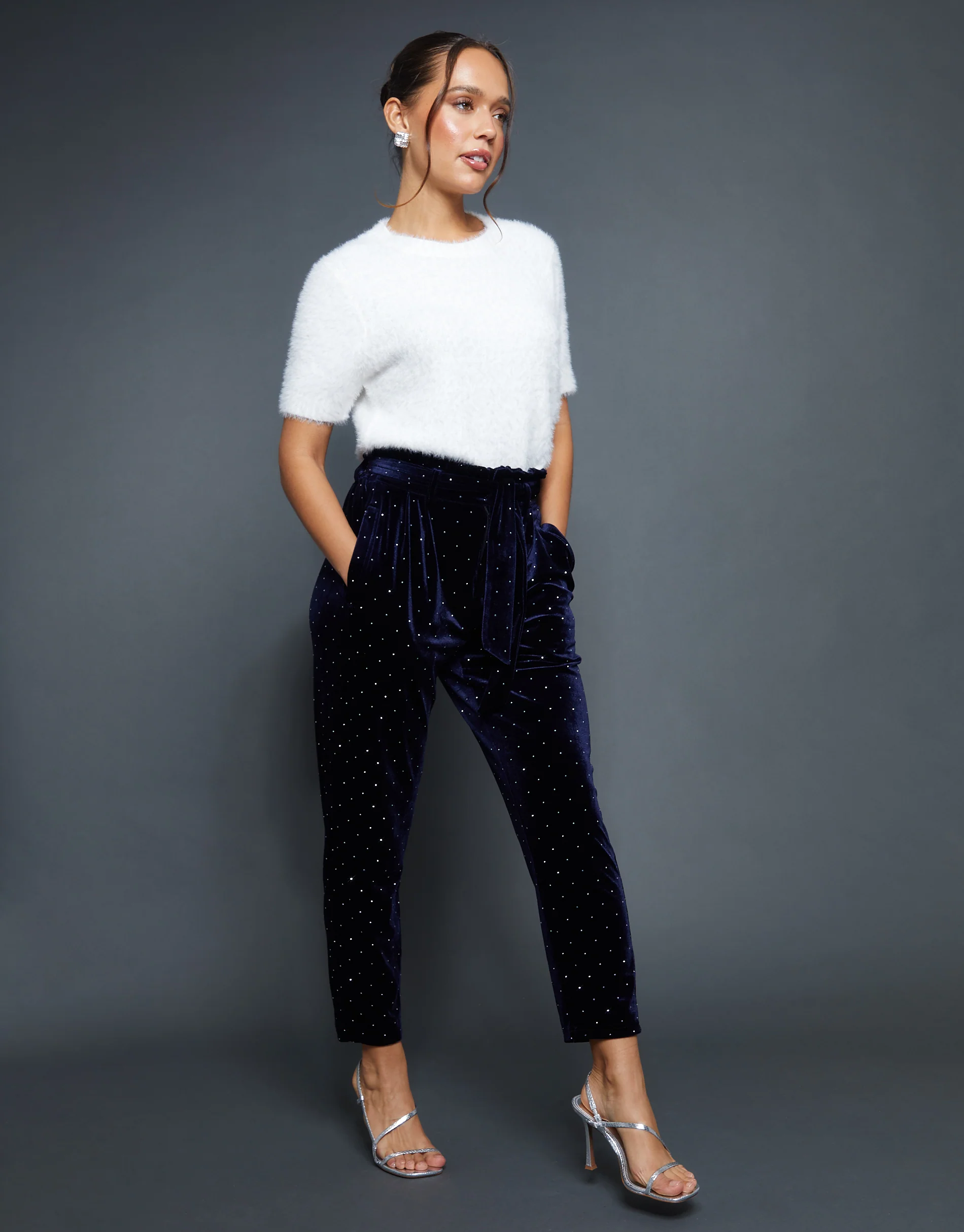 Velvet Hotfix Paperbag Waist Trousers in Navy