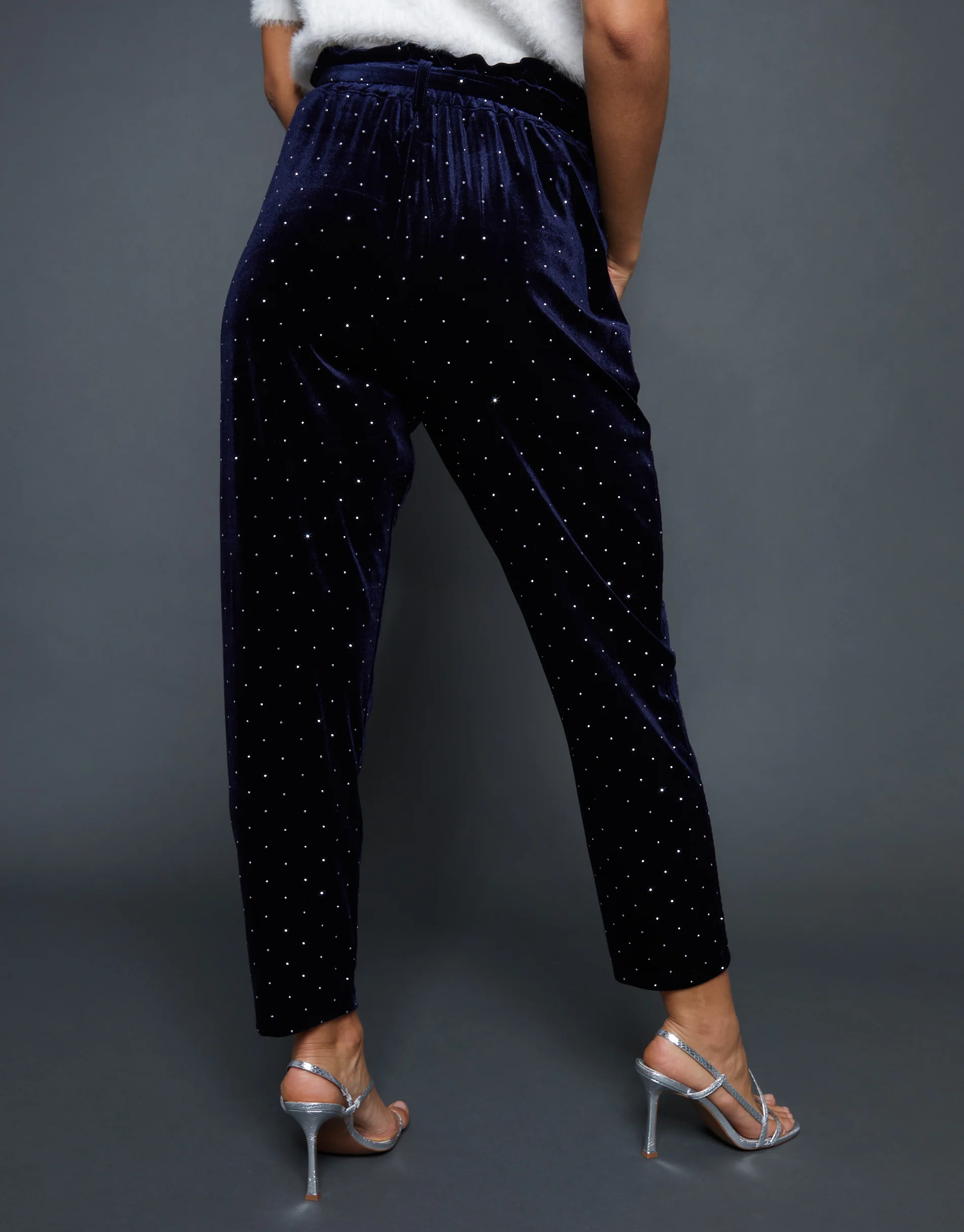 Velvet Hotfix Paperbag Waist Trousers in Navy - Image 4