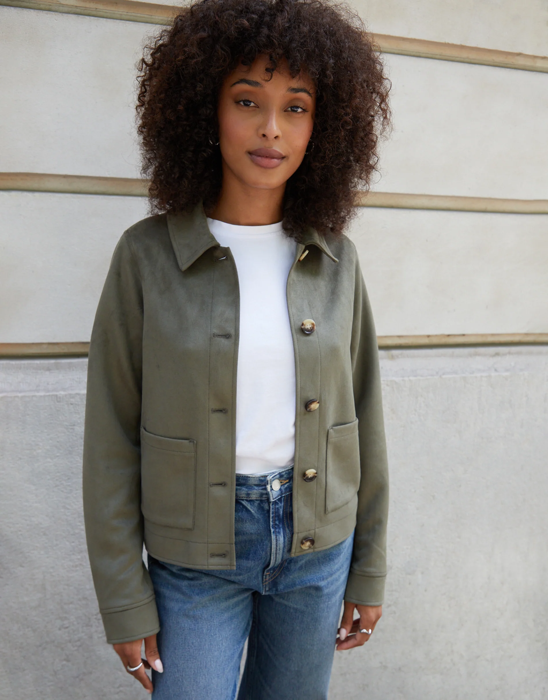 Cropped Button Up Suedette Shacket in Olive Green