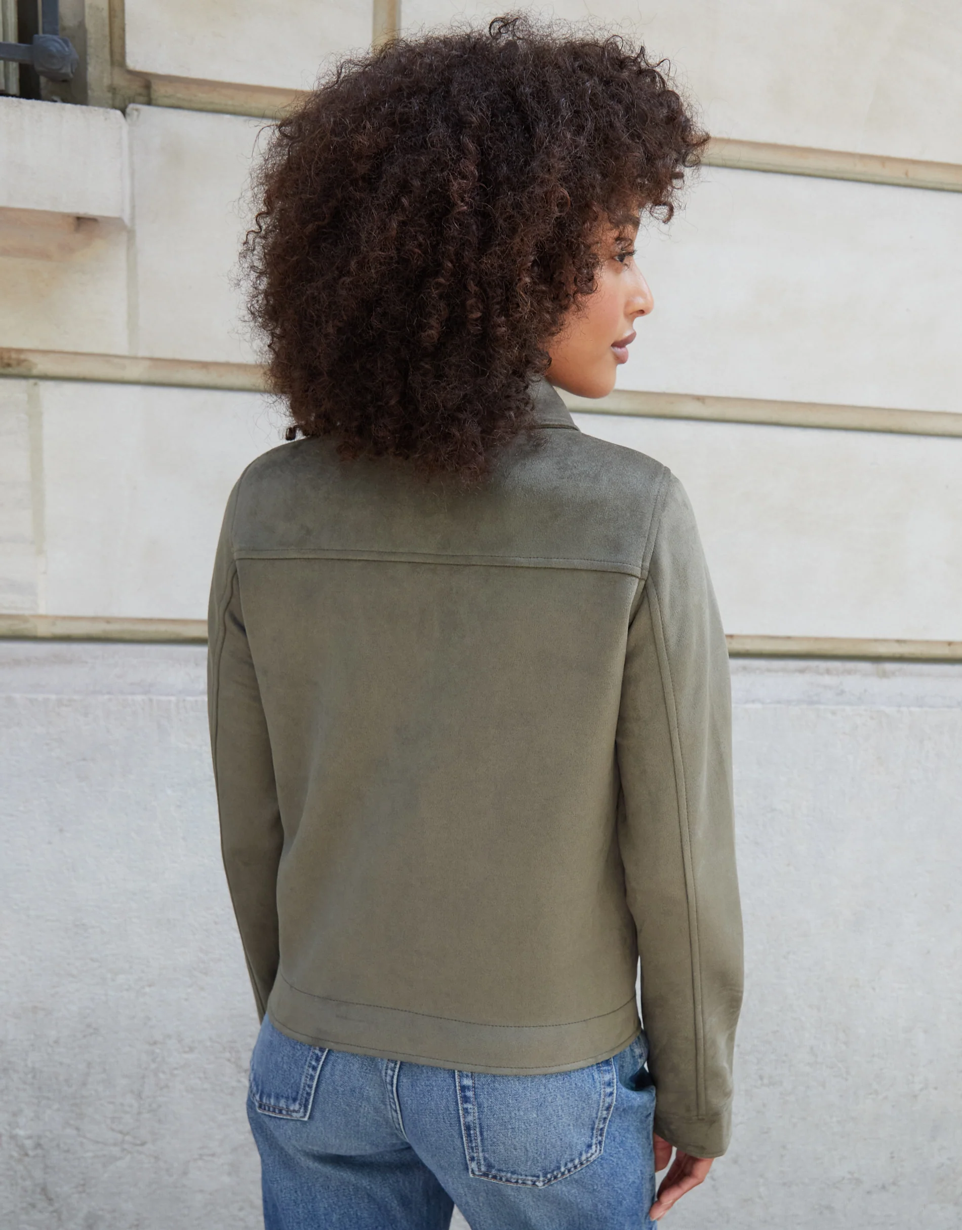 Cropped Button Up Suedette Shacket in Olive Green - Image 2